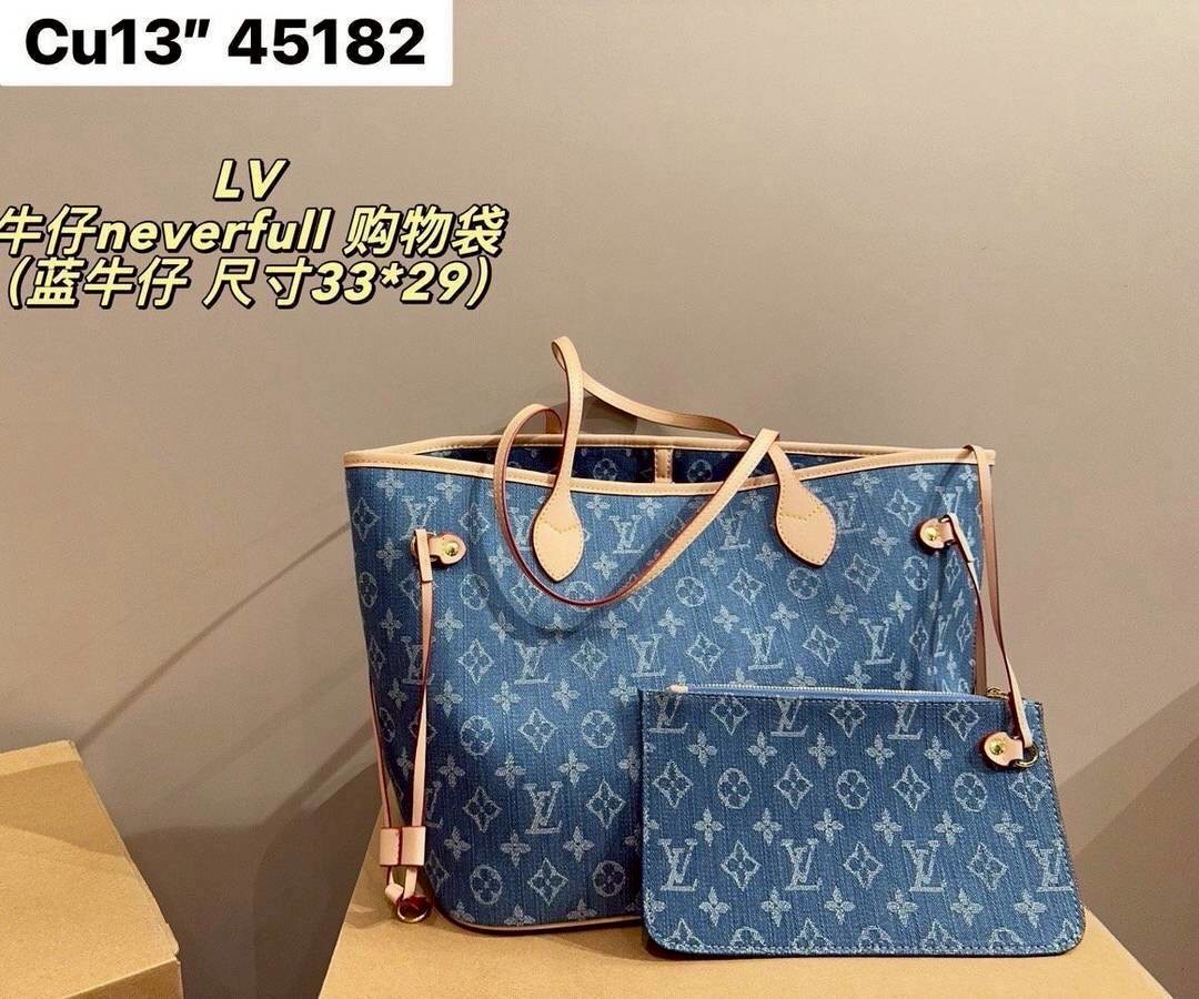 LV Neverfull MM Monogram cherry denim 32cm กระเป๋าสะพายทรงโท้ทช้อปปิ้งใบใหญ่ โดดเด่นมีชีวิตชีวา ด้วยเดนิมวินเทจปักลายเชอร์รี่สีสันสดใสสะดุดตาสะท้อนสไตล์ไอคอนิก