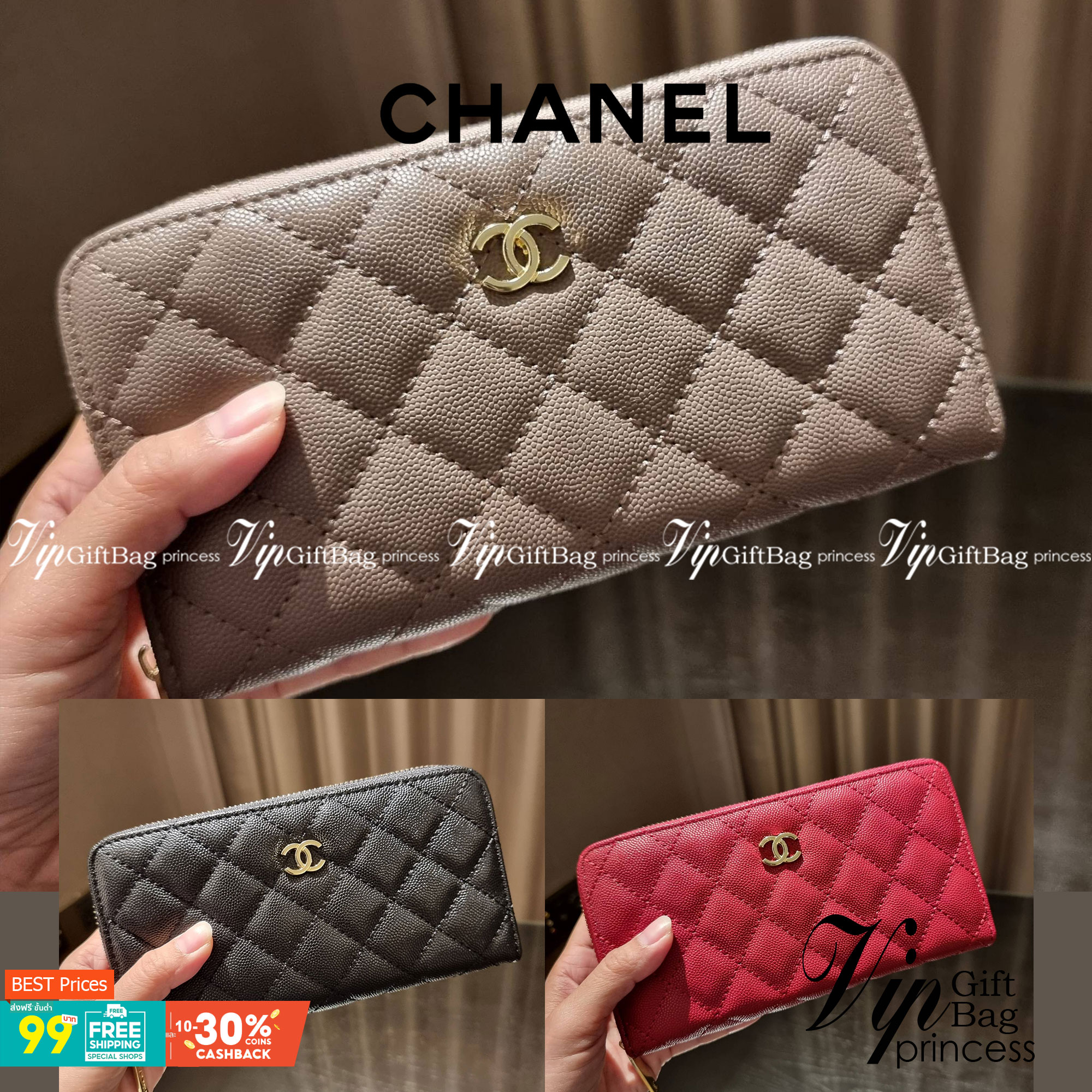 VIP 】กระเป๋าสตางค์ใบยาวรุ่นซิปรอบ สวยรับทรัพย์จาก Chanel วัสดุหนังลายคาร์เวีย ใช้แล้วขับผิวสุดๆ เปิด-ปิดด้วยซิปรูดรอบใบ ใช้งานง่าย ภายในกระเป๋ามีช่องใส่บัตรได้ ใส่ธนบัตรหรือเหรียญได้ มีช่องซิปแยกอีกหนึ่งช่อง ดีไซน์เรียบหรูแบบนี้ สาวๆห้ามพลาดกันน้า!! ซื้อใ