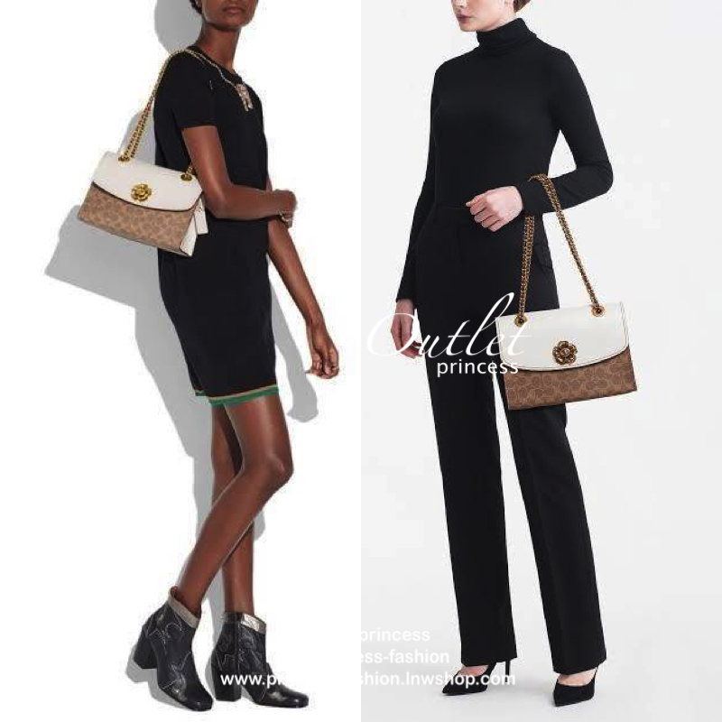 COACH PARKER SIGNATURE SHOULDER BAG กระเป๋าสะพายข้าง/ crossbody หนังแกะแท้ น้ำหนักเบา สวยหรู เปิดปิดกระเป๋าแบบหมุนล็อค อะไหล่รูปเป็นดอกคามิเลีย ภายในกระเป๋ากว้าง แบ่ง 2 ช่องหลัก ช่องซิปคั่นกลางเป็นสัดส่วน ใส่ wallet ยาว ของส่วนตัวใช้ได้ บุหนังกลับผสมกำมะห