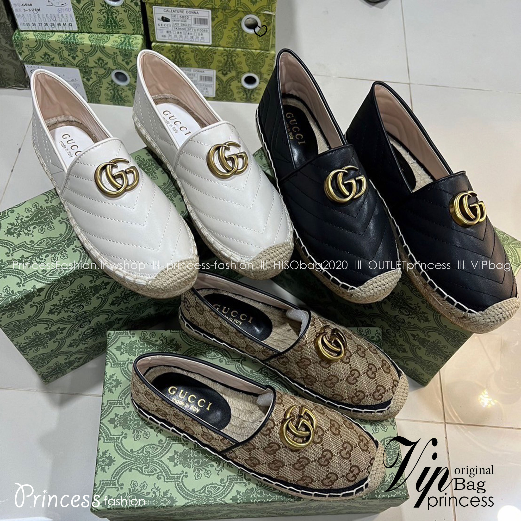 GUCCI Leather Espadrille with double G รองเท้าผ้าใบลำลองรุ่นยอดฮิต ขับผิว ใส่สบาย ยืนเดินได้นาน พื้นยางอย่างดียืดหยุ่นสูง ใส่เดินชิลหรือเที่ยวก็ปัง สวยงาม ได้หลากหลายโอกาส