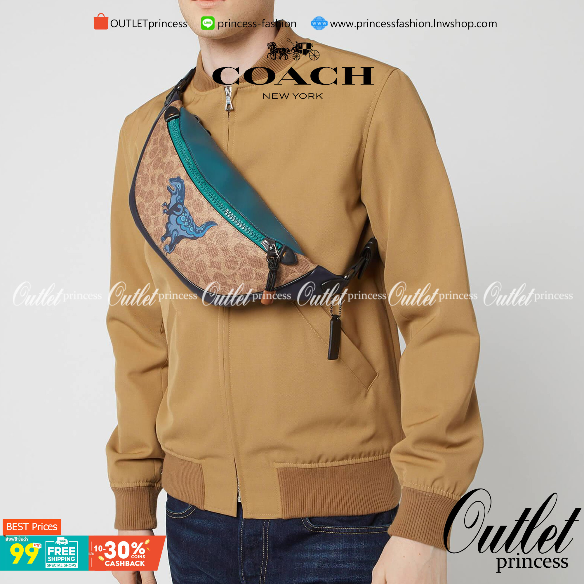 OUTTLET 】COACH RIVINGTON BELT BAG IN SIGNATURE CANVAS WITH REXY BY ZHU JINGYI