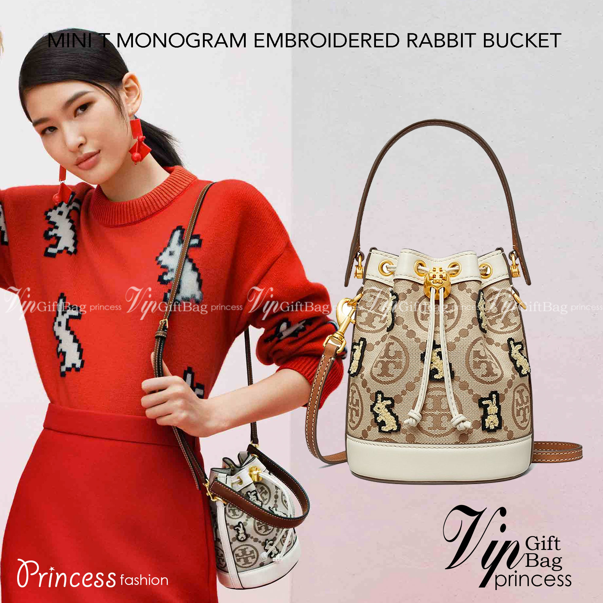 TORY BURCH MINI T MONOGRAM EMBROIDERED RABBIT BUCKET BAG WITH LEATHER SMALL WALLET ((143230)) 🎁 เปิดตัวรุ่นใหม่ได้น่ารักและสวยงามมากๆ พร้อมส่งที่ไทยก่อนใคร