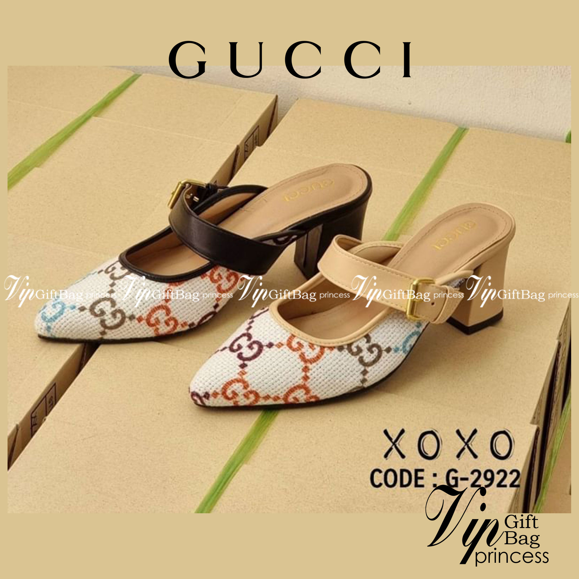 Gucci รองเท้างานสวม ผ้าทวีส สกรีนแบรนด์ สวย หรู ดูแพงเกินราคาจร้า ด้านหน้าคาดเข็มขัด ส้นแท่งตัน ใส่สบาย ไม่เมื่อย แมทส์ชุดง่าย น้ำหนักเบา