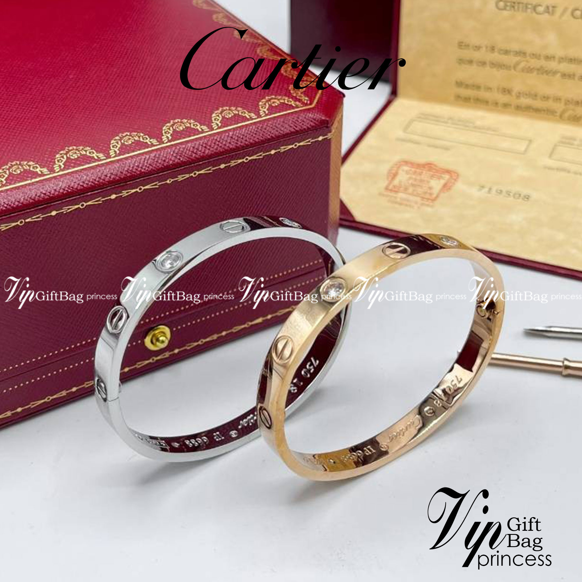 Cartier Love Bracelet, 4 diamonds กำไลข้อมือ Size 18 งานดีสุดเกรดออริจินิล วัสดุคุณภาพดี ไม่ลอกไม่ดำ กล่องใหญ่ตามแบบ งานปั้มครบตามรูปเลยค่ะ
