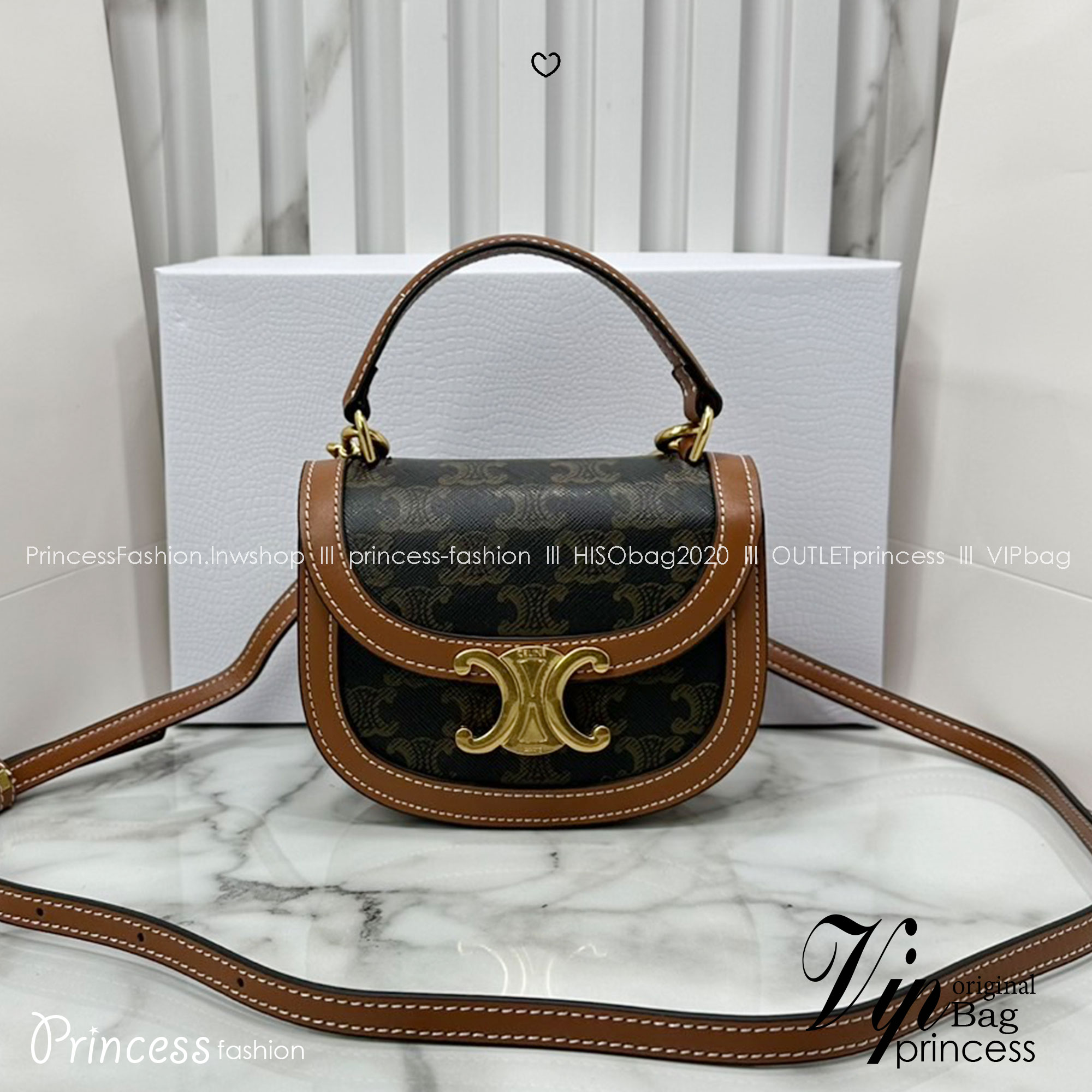 ORI หนังแท้ | CELINE MINI BESACE CLEA in Triomphe canvas and leather กระเป๋าสะพายพร้อมหูจับ ไซส์มินิ แคนวาส Triomphe แต่งขอบหนัง แต่งโลโก้สีทองหรูหรา สวยโดดเด่น สามารถถือ สะพายไหล่ และสะพายข้างได้