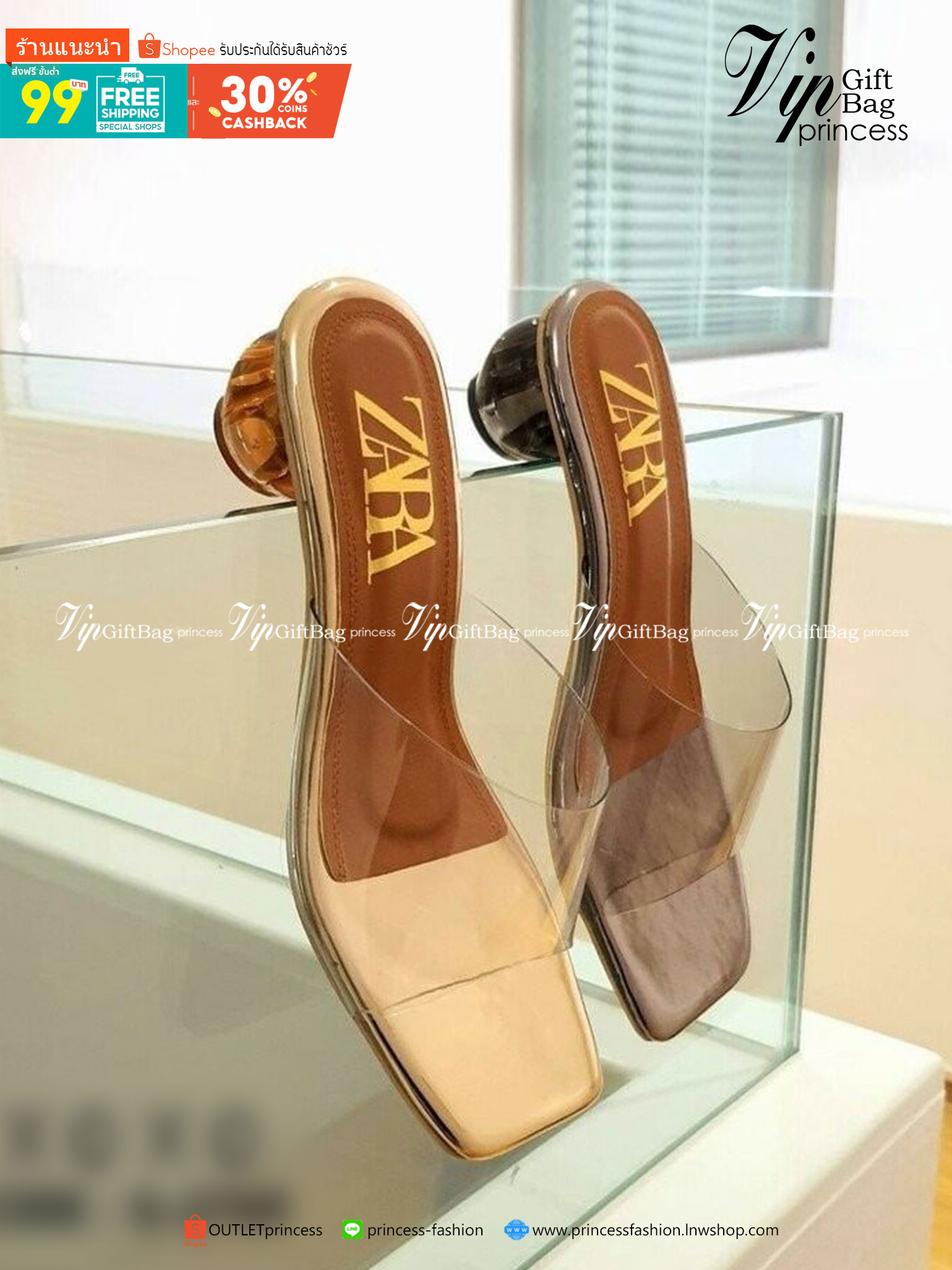 ZARA รองเท้า คัชชูงานสวม คาดพลาสติกใสอย่างดีเนื้อนุ่ม พื้นวัสดุหนัง PU ส้นแก้วสีใส งารจริงสวยมากคะ แมทส์ชุดง่าย น้ำหนักเบา