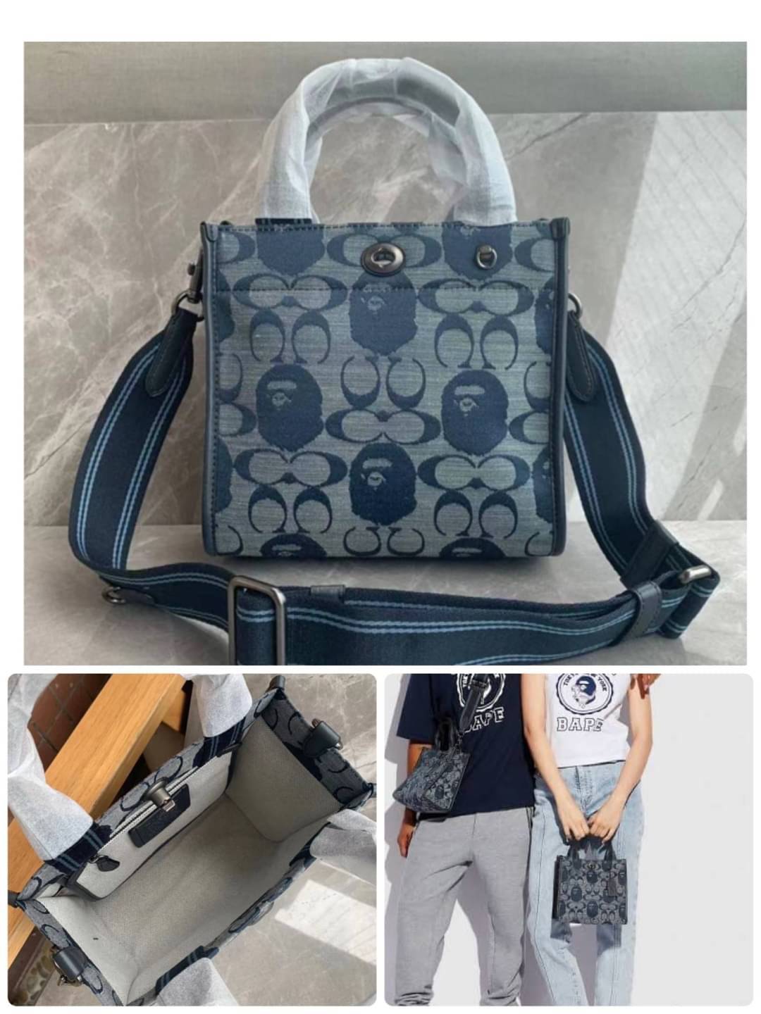 Coach Bape X Coach Tote 22 In Signature Jacquard กระเป๋าถือและครอสบอดี้โท้ทมินิไซส์ รุ่นใหม่สุดฮอต!! ใบจริงคือน่ารักม้ากกกก!! สวยอยู่ทรง มี 2 สี น่ารักน่าใช้ วัสดุหนังแคนวาส มาพร้อมหูจับในตัวและสายสะพายข้าง ถอดออกหิ้วเก๋ๆก็ได้ หรือสะพายถ่ายรูปชิคๆก็ดูดี ล