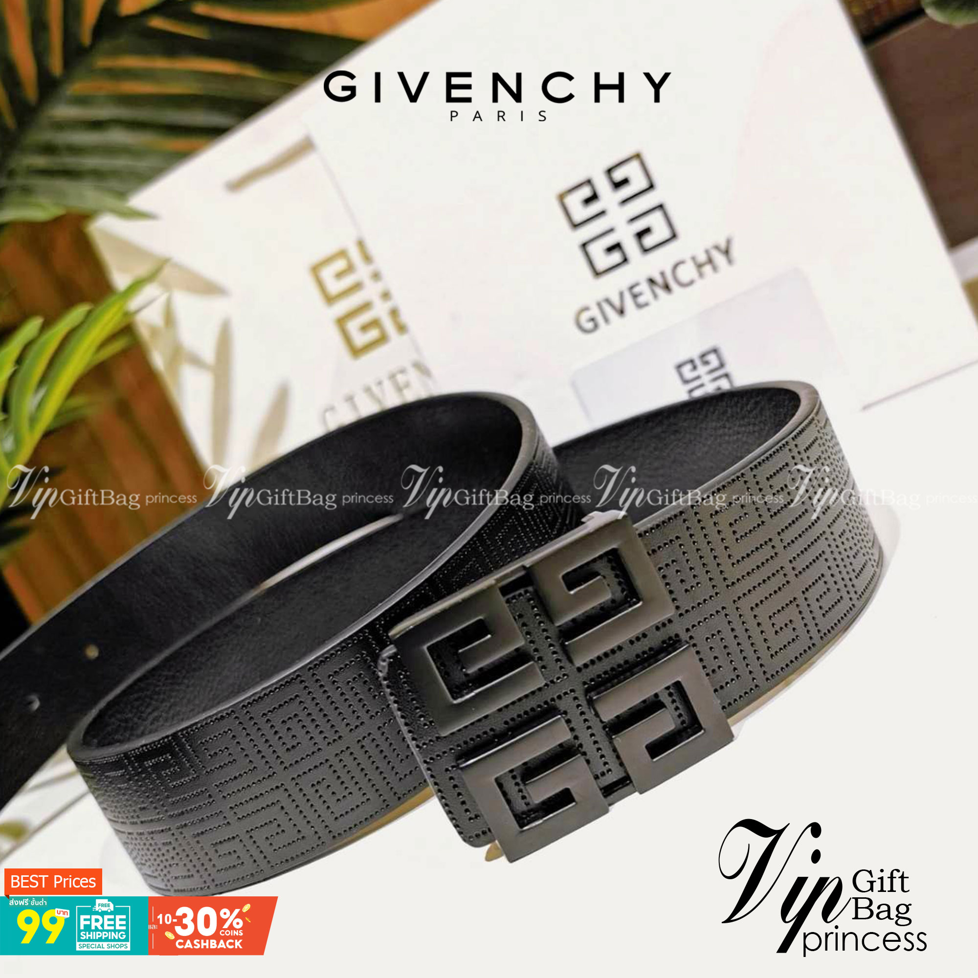 Givenchy Logo Leather Belt VIP Gift With Purchase (GWP) พรีเมี่ยมกิ๊ฟ Limited Edition จาก GIVENCHY PARFUME DUTYFREE วัสดุ Calfskin สีดำปั๊มลายแบรนด์สวยหรูดูดี หัวเข็มขัดโลโก้แบรนด์ 3D สายปรับระดับได้ ดีไซน์คลาสสิคเข้ากับทุกลุ๊คไม่มีเอ้าท์ ใช้ได้ทั้งชายและ