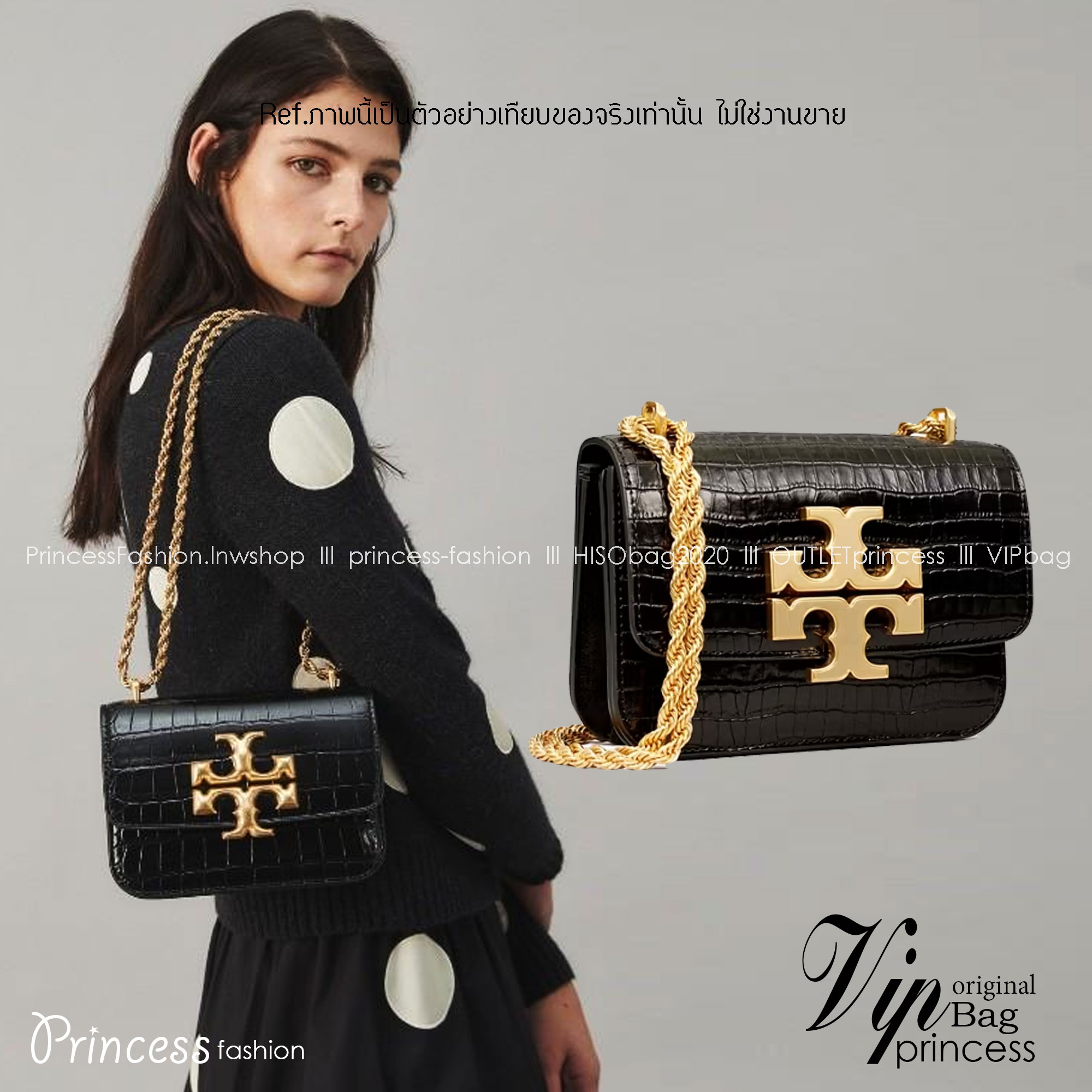 6 สี Tory Burch Croc Eleanor Small Bag / TORY BURCH ELEANOR CROC EMBOSSED LEATHER กระเป๋าสะพายหนังพิมพ์ลายจระเข้ ดีไซน์หรูหรา โด่นเด่นด้วยโลโก้แบรนด์อะไหล่ด้านหน้า และสายสะพายโลหะสีทอง