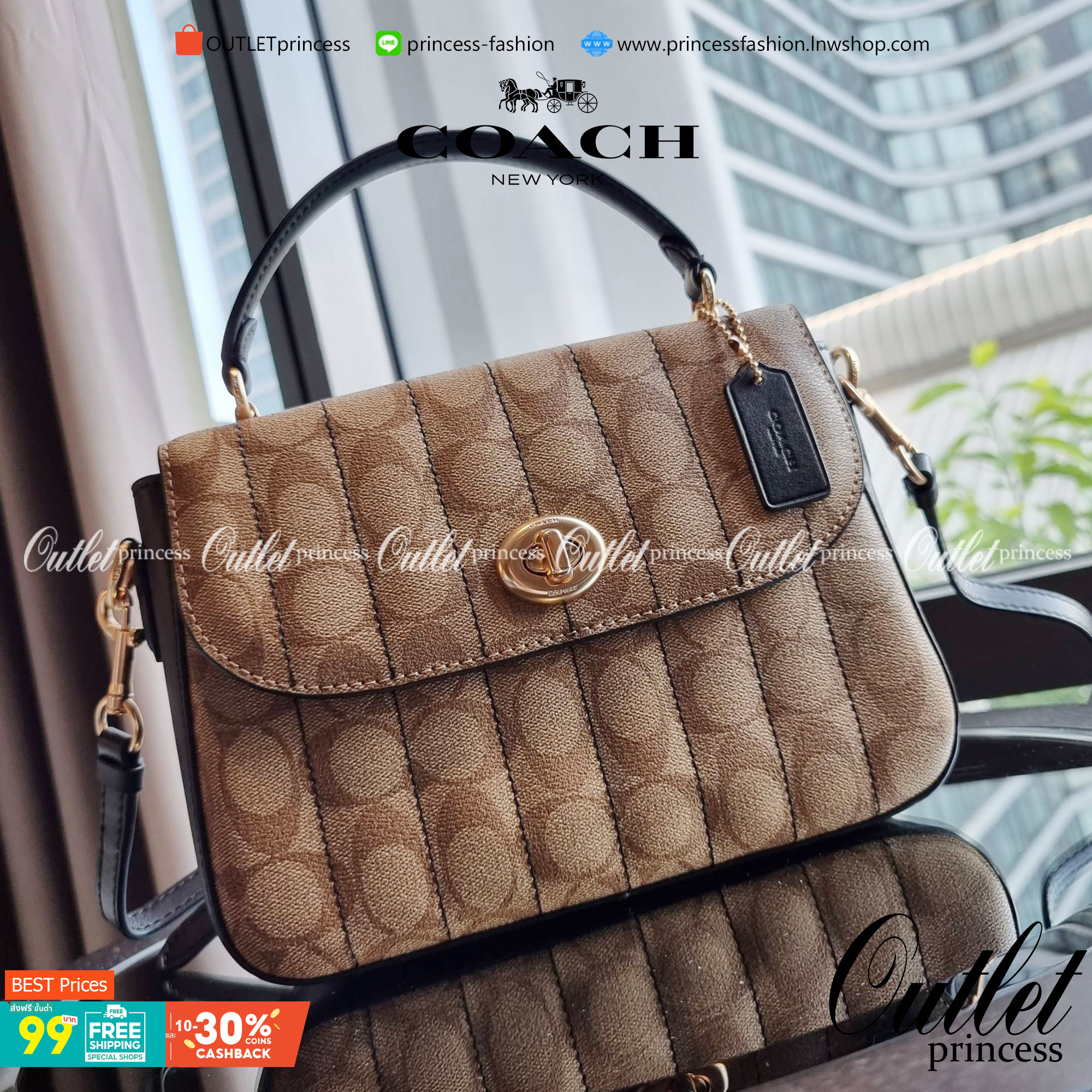 OUTLET 】COACH C5645 MARLIE TOP HANDLE SATCHEL IN SIGNATURE CANVAS WITH QUILTING ดีไซน์ใหม่ กระเป๋าถือ/สะพายข้าง ออกแบบมาไม่เหมือนใคร โดดเด่นด้วยการเย็บบุหนัง โชว์ดีเทลลายเส้น ตกแต่งโลโก้ด้านข้างอะไหล่ทอง วัสดุหนังแคนวาสสลับหนังแท้ เปิด-ปิดด้วยตัวล็อคแน่นห