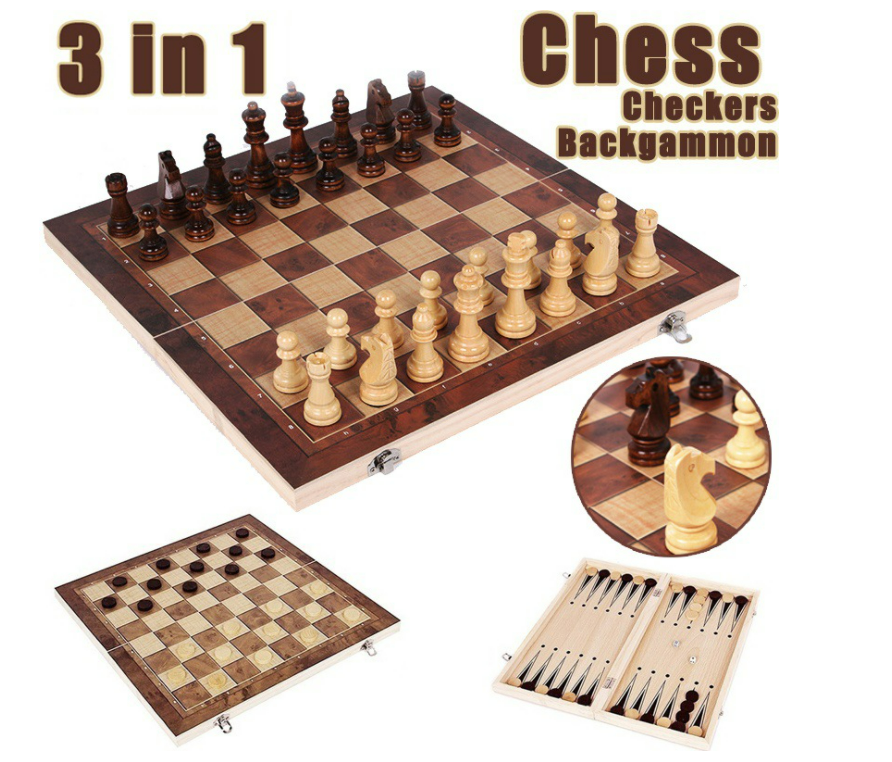 ชุดหมากรุกสากลไม้พับได้ 3 ใน 1 พร้อมหมากฮอสและแบ๊กเกมม่อน (Chess,Checker,Backgammon)