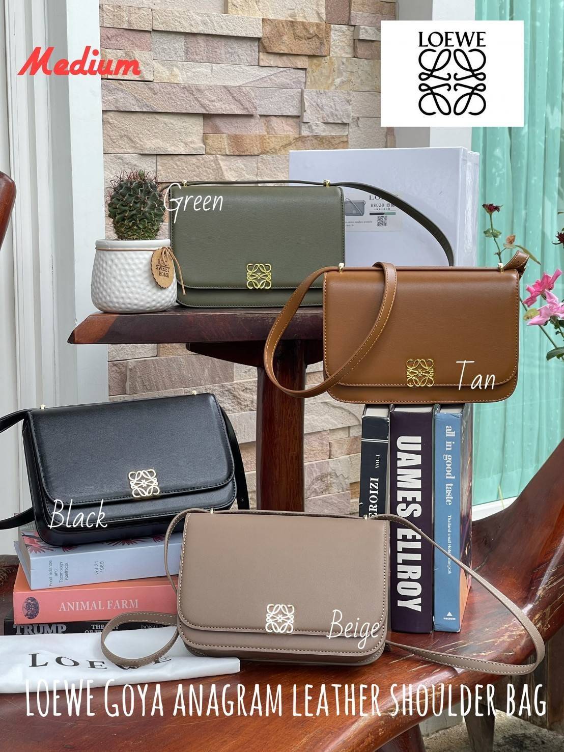 Medium : LOEWE Goya anagram leather shoulder bag กระเป๋าทรง GOYA รูปทรงกล่องอันคลาสสิกที่มาพร้อมรายละเอียดอันน่าค้นหา พร้อมด้วยโครงสร้างที่เปี่ยมไปด้วยสเน่ห์น่าค้นหา มีช่องใส่ของขนาดกว้างและเป็นทรงทำให้การจัดการสิ่งของต่างๆ ของสาวๆ นั้นง่ายดายมากยิ่งขึ้น 