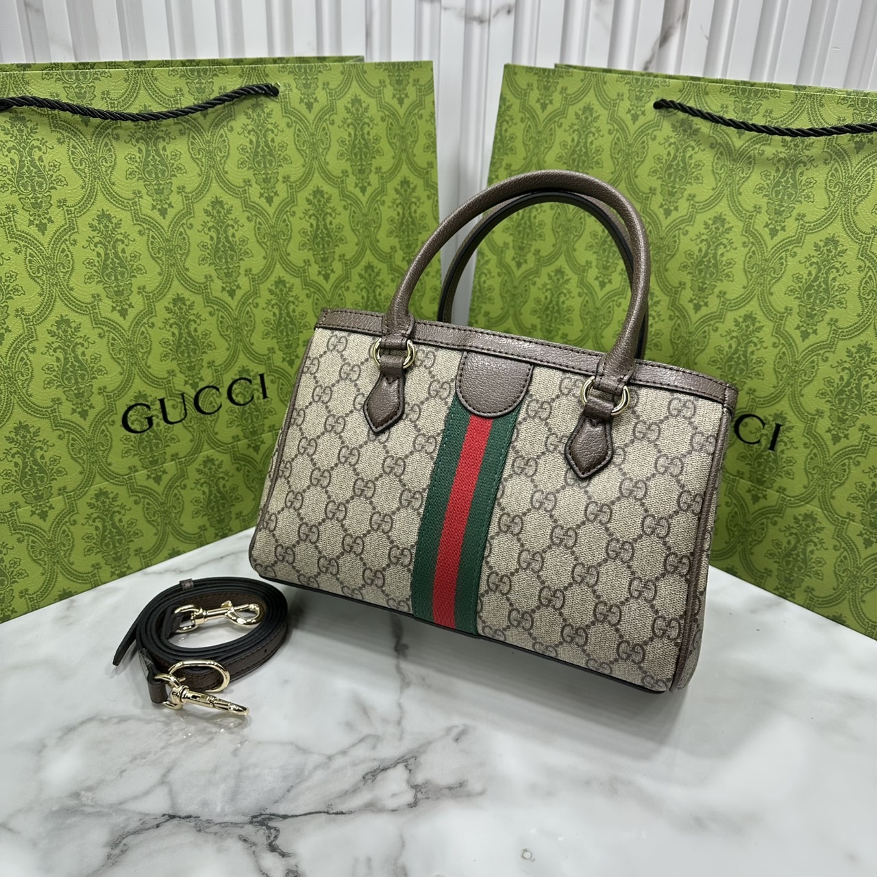 ORI หนังแท้ | Gucci Ophidia small tote bag Monogram Double G / Gucci Tote Bag กระเป๋าสะพายทรงโท้ทใบเล็ก คอลเล็กชั่น Ophidia ไฮไลท์รูปทรงและฟังก์ชั่นการใช้งานที่ได้รับการตีความใหม่