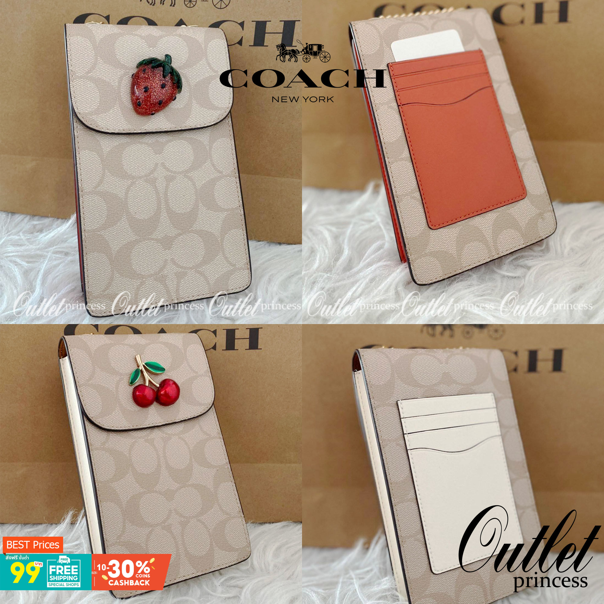 COACH NORTH/SOUTH CROSSBODY IN SIGNATURE CANVAS แจกความสดใสกันอีกครั้ง!! กับกระเป๋าสะพายเอนกประสงค์ Case phone ใส่โทรศัพท์มือถือได้ทุกรุ่น ดีไซน์ลายผลไม้ฉ่ำๆ สวยมีเสน่ห์ 💖 วัสดุหนังแคนวาสคุณภาพ ฝาและภายในเป็นหนังแท้ เปิด-ปิดด้วยกระดุม สายสะพายยาวป