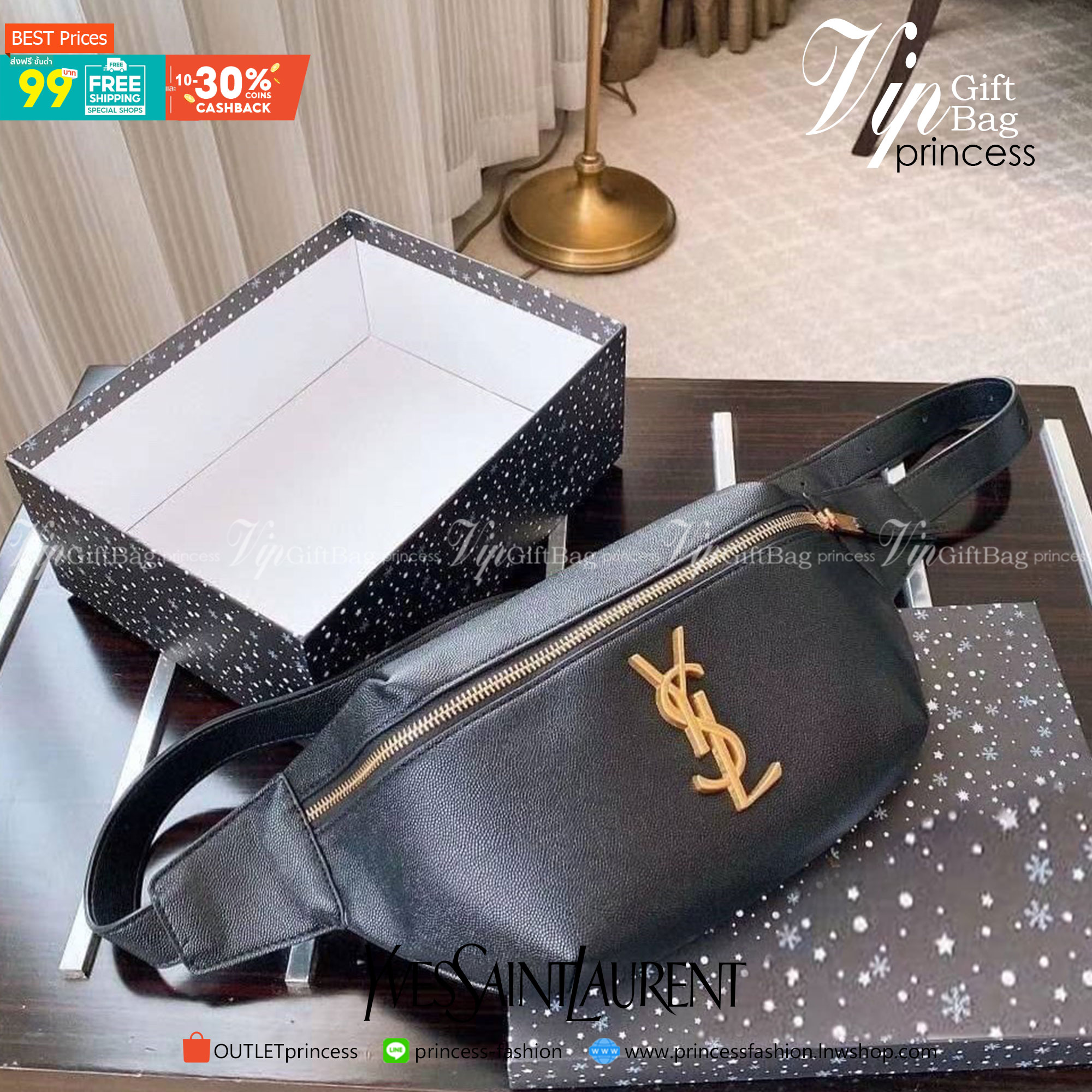 พรีเมี่ยมกิ๊ฟแท้ 100% 】VIP YSL Belt Bag กระเป๋าคาดอก คาดเอว งานดี หนังสวย ทรงเทห์ Black leather