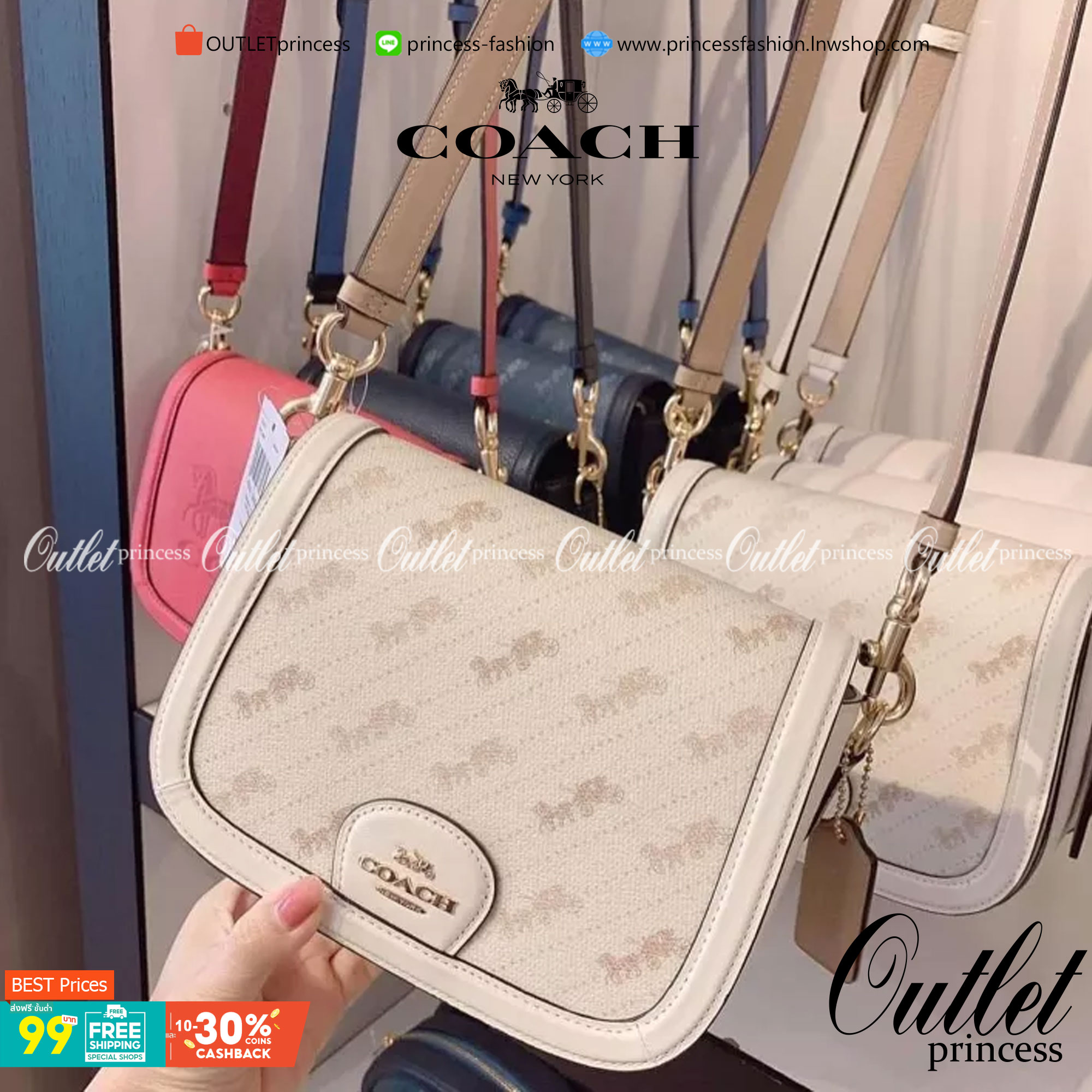 OUTLET 】COACH SADDLE BAG WITH HORSE AND CARRIAGE DOT PRINT (COACH C4059) กระเป๋าสะพายข้าง ลายม้าและรถลาก item ใหม่ที่สาวๆต้องมีนาทีนี้ห้ามพลาด รูปทรงโค้งมน วัสดุ พีวีซี ผ้าใบเคลือบพิมพ์ลายเป็นหนังเรียบ ทนทานและกันคราบสกปรกทั้งสี่ด้านเป็นหนังคุ้มสุดๆ ภายใน