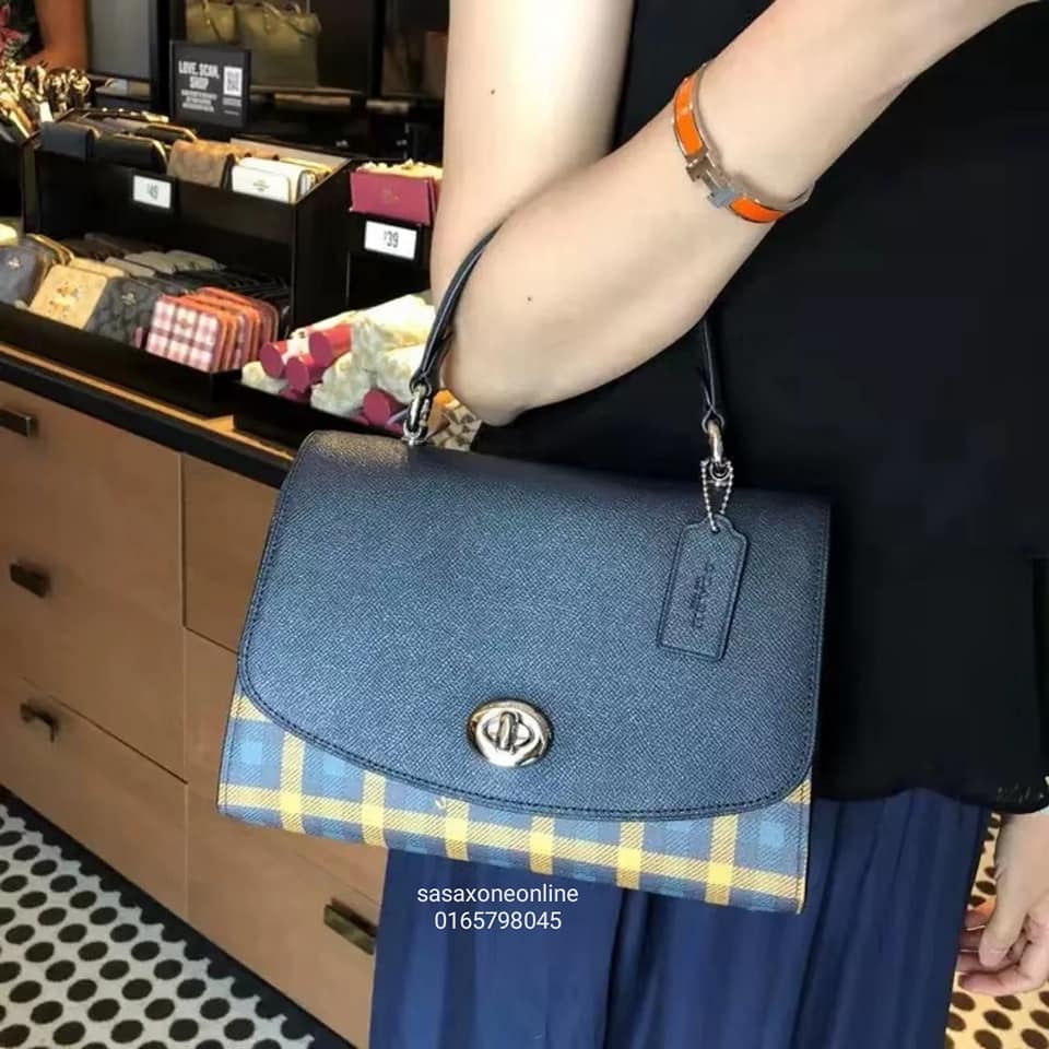 COACH TILLY TOP HANDLE SATCHEL WITH GINGHAM PRINT (COACH F76615) BROWN PINK MULTI/GOLD