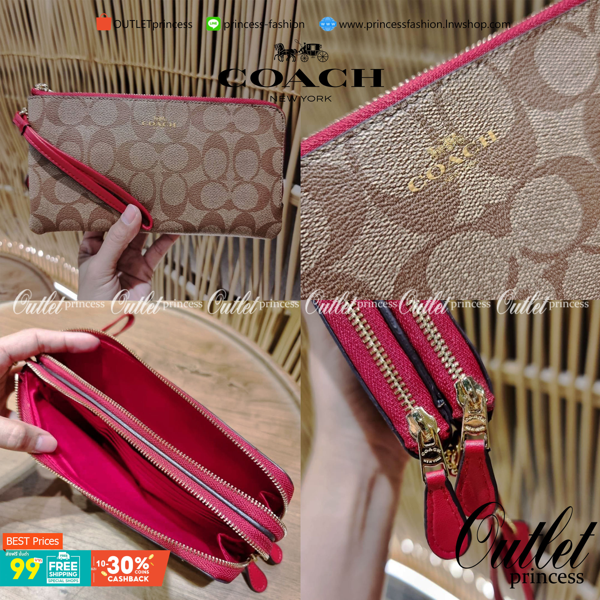 COACH F54057 DOUBLE ZIP WALLET IN SIGNATURE กระเป๋าคล้องมือ size L ใบนี้ใส่มือถือได้ทุกรุ่น ขนาดกำลังดี พกพาสะดวกมากๆ วัสดุหนังสังเคราะห์ ภายในเป็นผ้าสีสวยคม ใส่ธนบัตร ใส่บัตรได้เยอะ ใส่มือถือได้สบายๆทุกรุ่น ตอบโจทย์สาวๆที่ไม่ชอบพกเยอะวุ่นวายจ้า ใบนี้เอาอ
