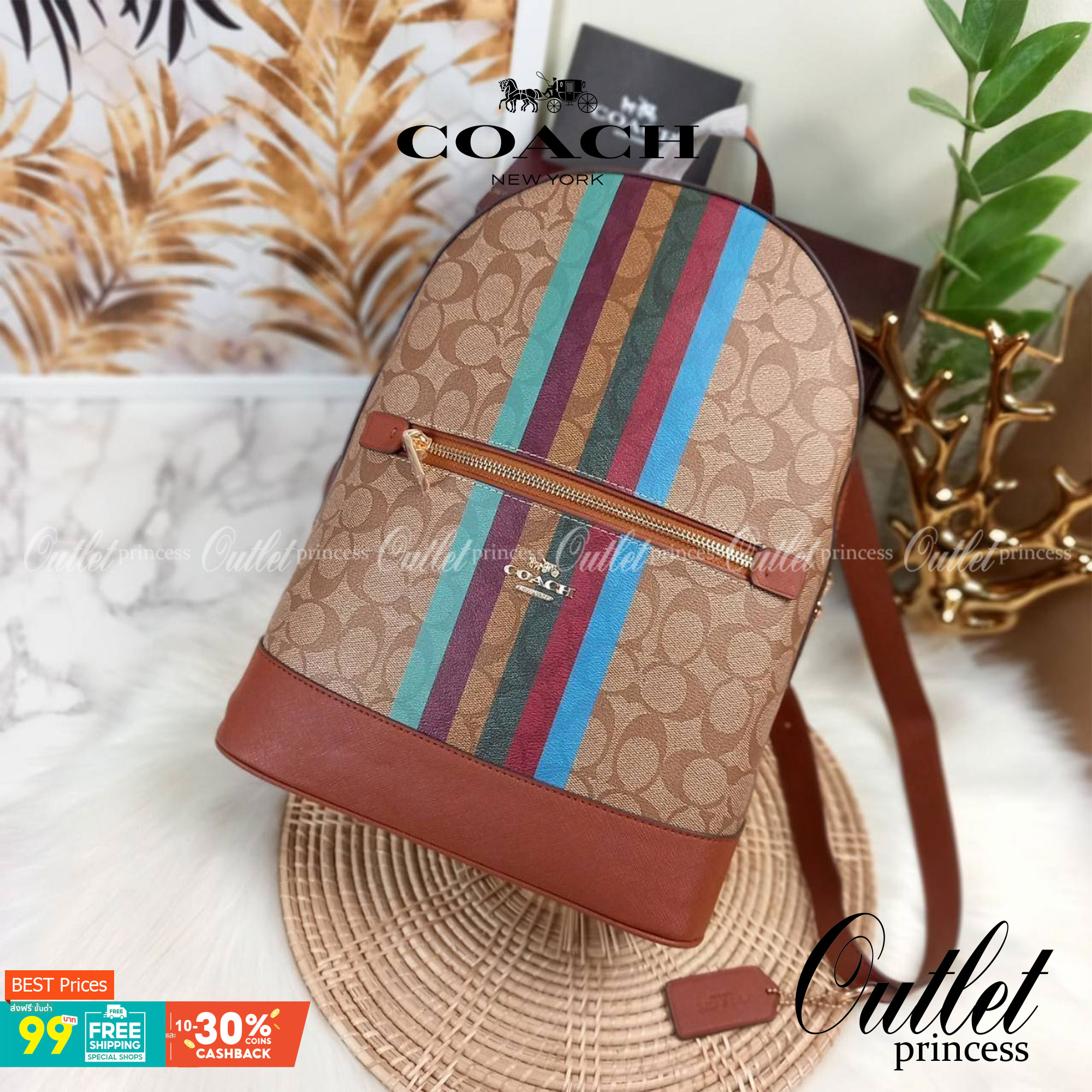 COACH KENLEY BACKPACK IN SIGNATURE CANVAS WITH STRIPE (COACH C5795)🌈🍁กระเป๋าเป้ กระเป๋าสะพายรุ่น Unisex ที่ใช้ได้ทั้งชายและหญิง รูปทรงสวย ขนาดกำลังดี// วัสดุแคนวาสคุณภาพ ผสมหนังแท้ ลาย SIGNATURE//เปิด-ปิด ด้วยซิบ ด้านในโล่งกว้าง จุของได้เย