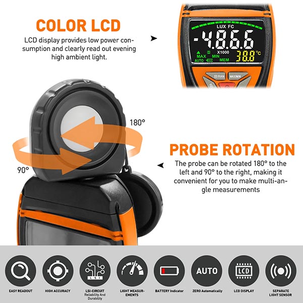 เครื่องวัดความเข้มแสง และอุณหภูมิ สำหรับปลูกผักไฮโดรโปนิกส์ โรงเรือน โรงงาน สำนักงาน ฯลฯ ช่วงวัด 0-400,000 lux/fc