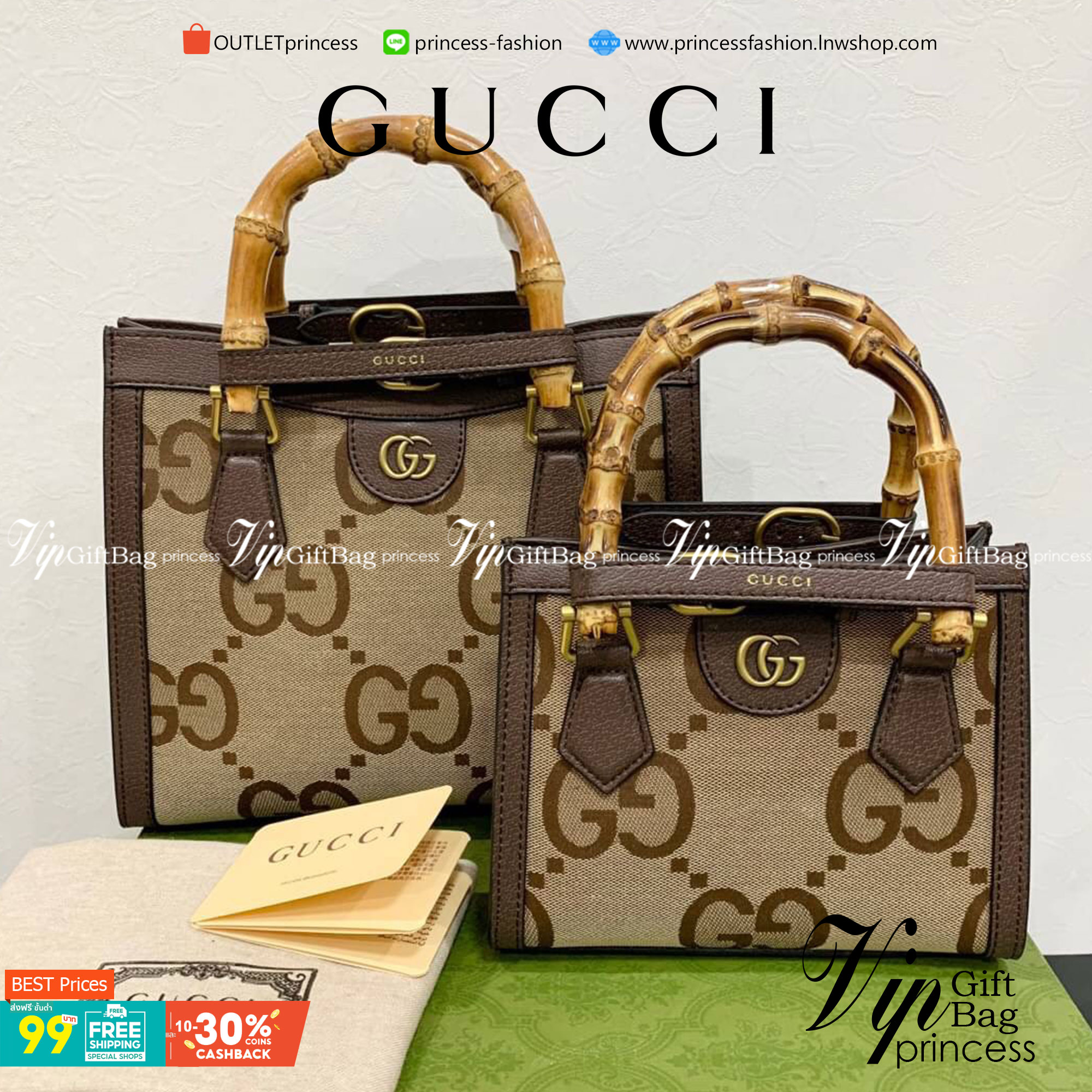 หนังแท้ Gucci Diana jumbo GG tote bag (mini/small) พร้อมส่งที่ไทย Brown Camel and ebony jumbo GG canvas ภาพถ่ายจากสินค้าจริง