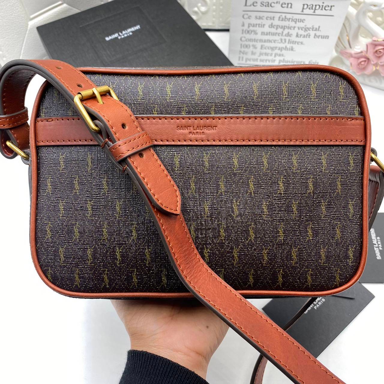 VIP 】หนังแท้ YSL SAINT LAURENT Leather-Trimmed Monogrammed Coated-Canvas Messenger Bag