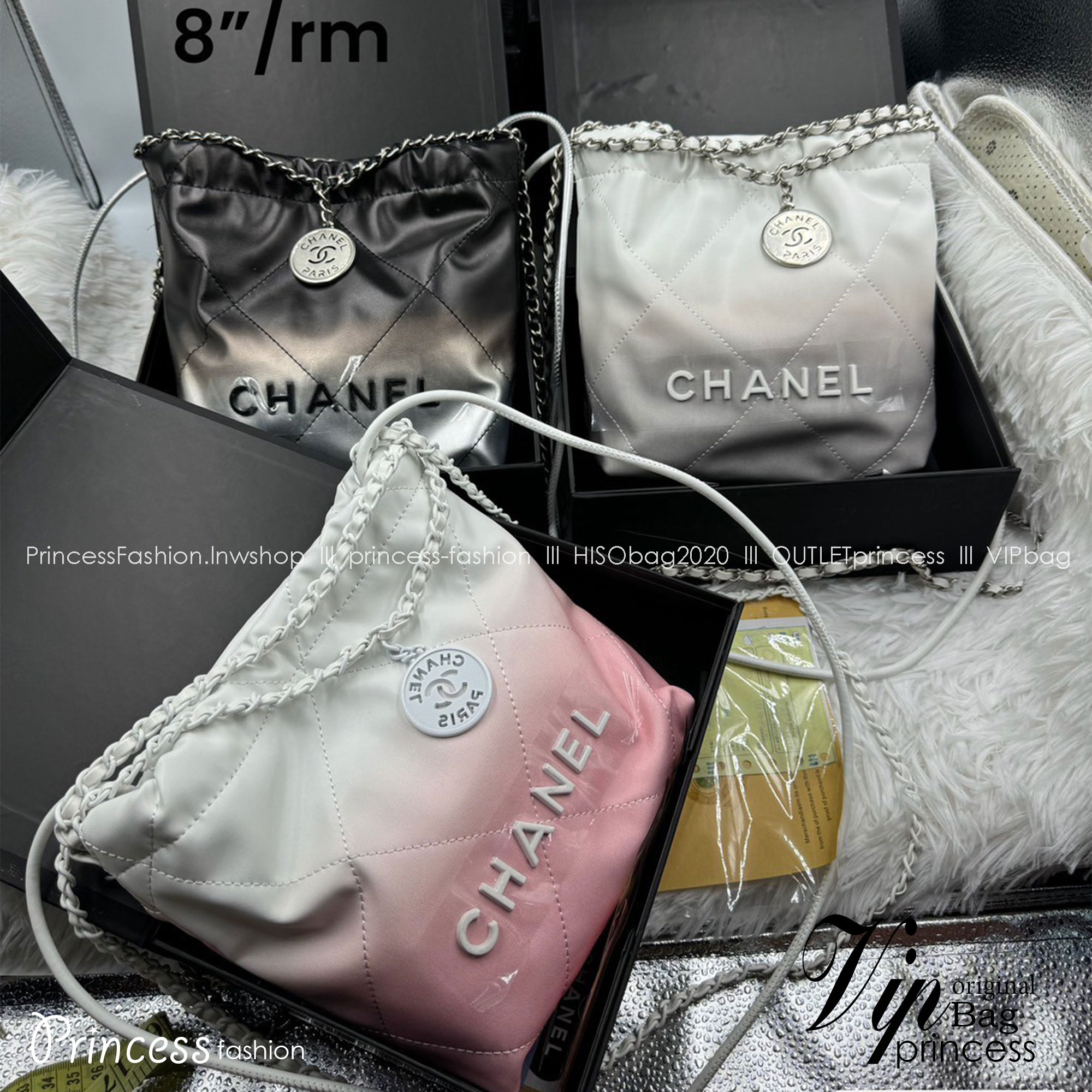 CHANEL 22 Mini Handbag Patent Gradient & Lacquered Metal White / SS22 Logo CC shopping tote กระเป๋าทรงโท้ทไล่สี รุ่นใหม่ มีเสน่ห์ดูดี ดูแพงที่สุด เกรดไฮเอน 1:1