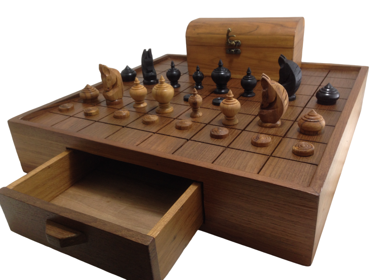 ชุดหมากรุกไทยไม้สักพร้อมกล่องไม้สักและกระดานไม้สักเซาะร่องมีลิ้นชัก