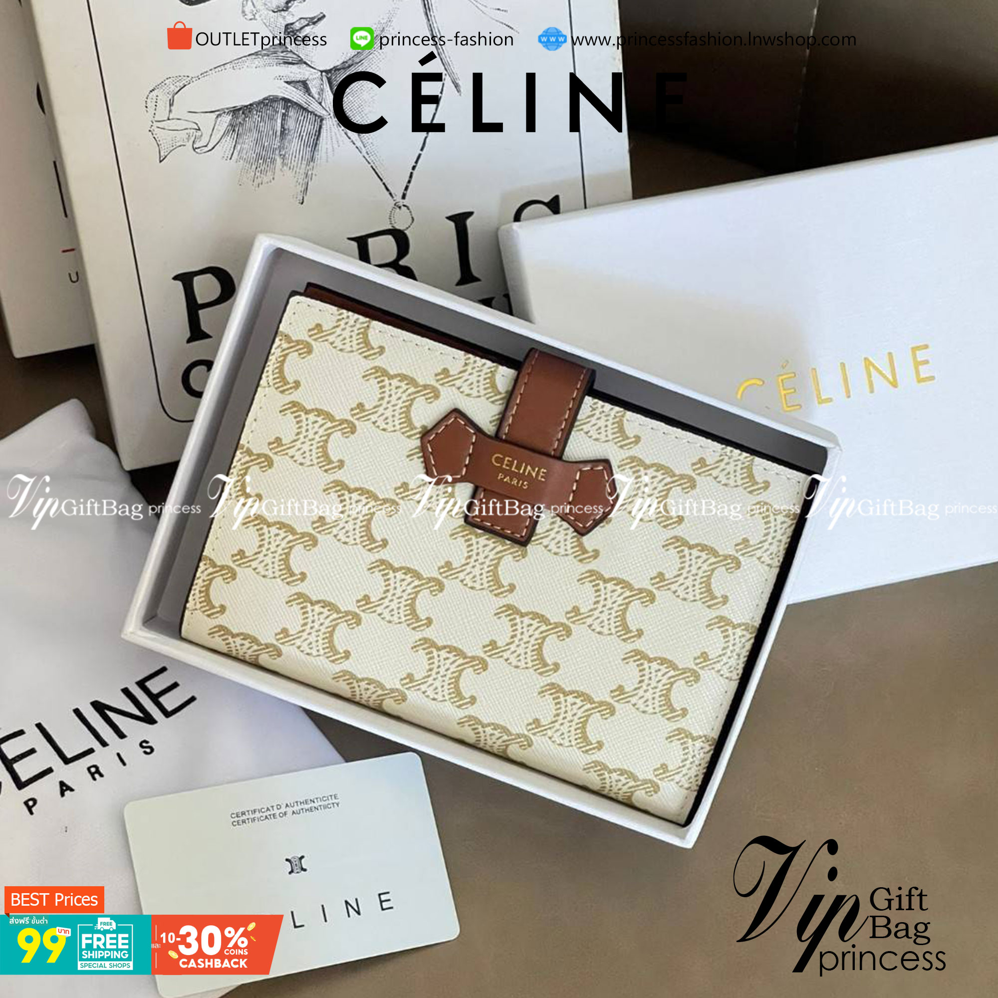 CELINE MEDIUM STRAP WALLET IN TRIOMPHE CANVAS กระเป๋าสตางค์ขนาดกลาง ถือแล้วจะให้ความรู้สึกที่คล้ายกับกระเป๋าคลัทช์ ดีไซน์ทันสมัยให้ใช้งานได้แบบครบครัน เป็นกระเป๋าสตางค์ ที่มีช่องสำหรับใส่ ธนบัตร เหรียญ และบัตรต่าง ๆ ใช้งานแบบ2ด้าน มีลวดลายTriomp ที่เป็นซิ
