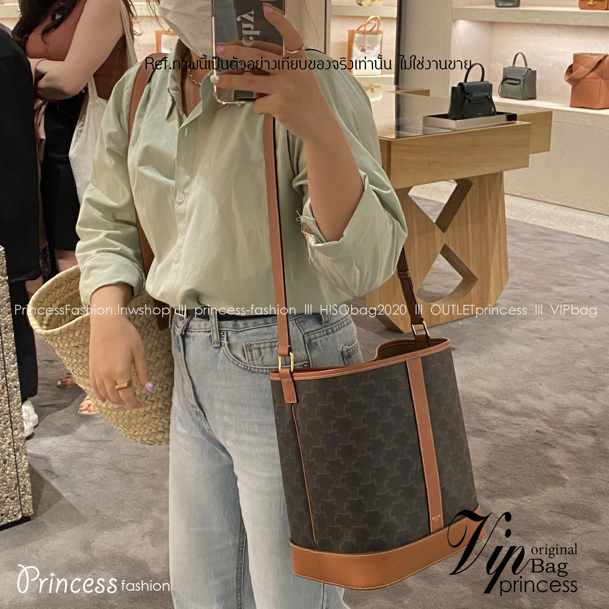 CELINE SMALL BUCKET IN TRIOMPHE CANVAS AND CALFSKIN เกรดท็อปออริ 1:1 เกรดดีสุด สลับแท้ หนังแท้และแคนวาสแท้ ใช้งานต่างประเทศได้ ภาพถ่ายจากงานจริง