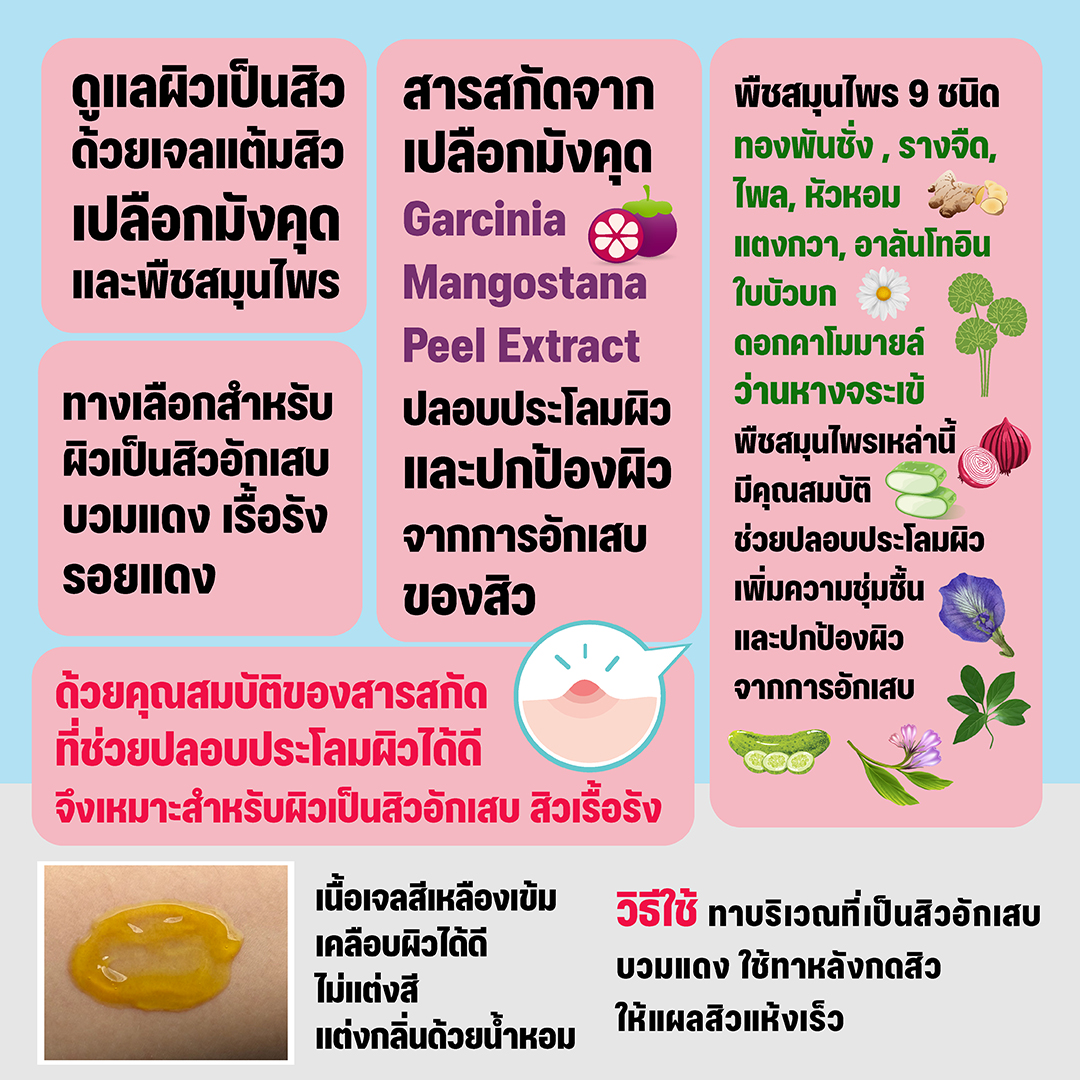 เฮอร์เบิ้ล เอสเซนต์ แอคเน่ เจล เจลแต้มสิวเปลือกมังคุด สำหรับผิวเป็นสิวอักเสบ สิวเรื้อรัง สมานแผลหลังกดสิว