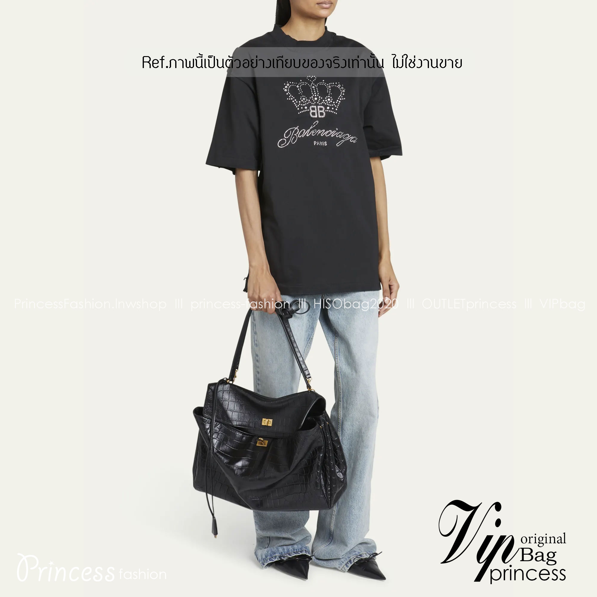 Top ORI Balenciaga RODEO LARGE HANDBAG CROCODILE EMBOSSED IN BLACK กระเป๋าถือใบใหญ่ สวยหรูด้วยหนังลายจรเข้ เกรดออริ 1:1