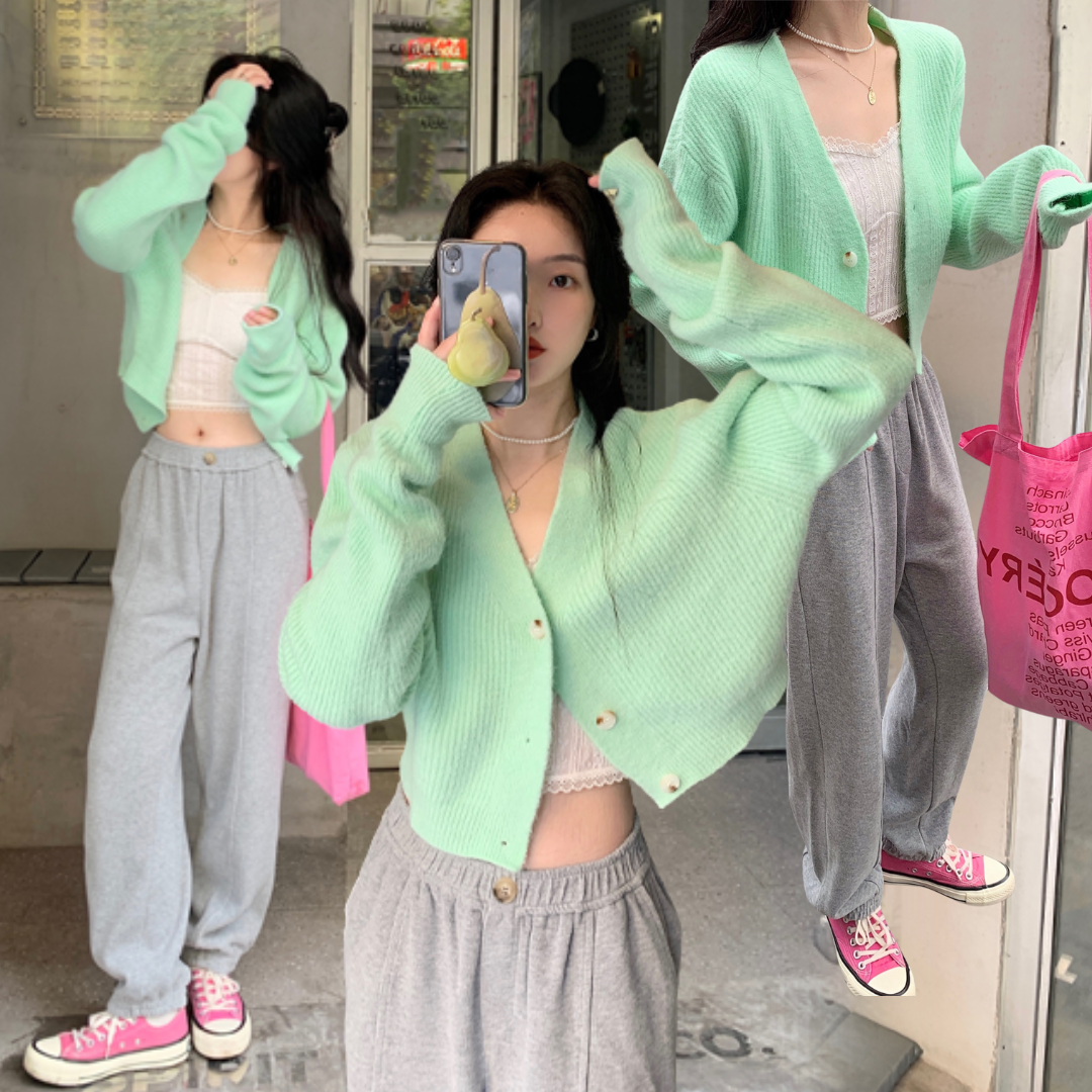 พร้อมส่ง 🛍🍭 Mint cardigan เสื้อแขนยาวผ้าไหมพรมสีมินต์ (36686)