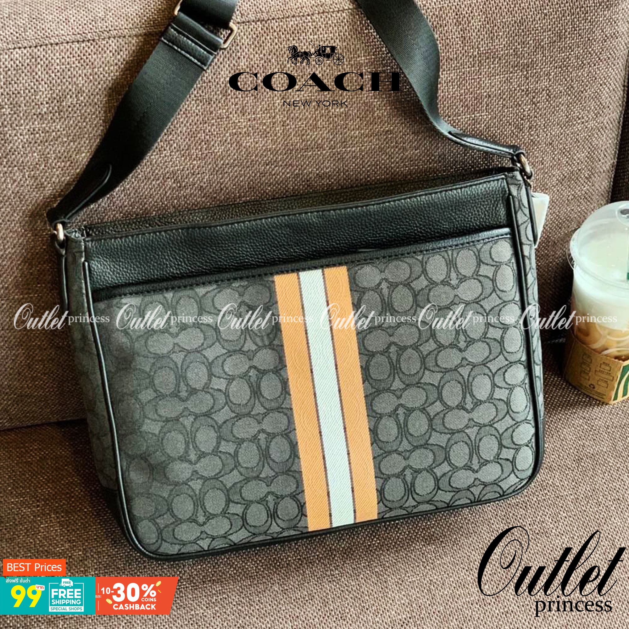 COACH THOMPSON IN SIGNATURE JACQUARD WITH VARSITY STRIPE BAG ((C5291)) พร้อมส่งที่ไทยค่ะ! กระเป๋าใส่เอกสารอเนกประสงค์ สามารถใส่A4ได้ วัสดุJacquardทอลายแบรนด์ ตัดขอบหนังแท้สวยงาม น้ำหนักบาค่ะ ด้านหน้าตัดแทบสีลงมาสวยงาม ช่องหลักเปิดปิดแบบซิป ภายในกว้างใส่สั