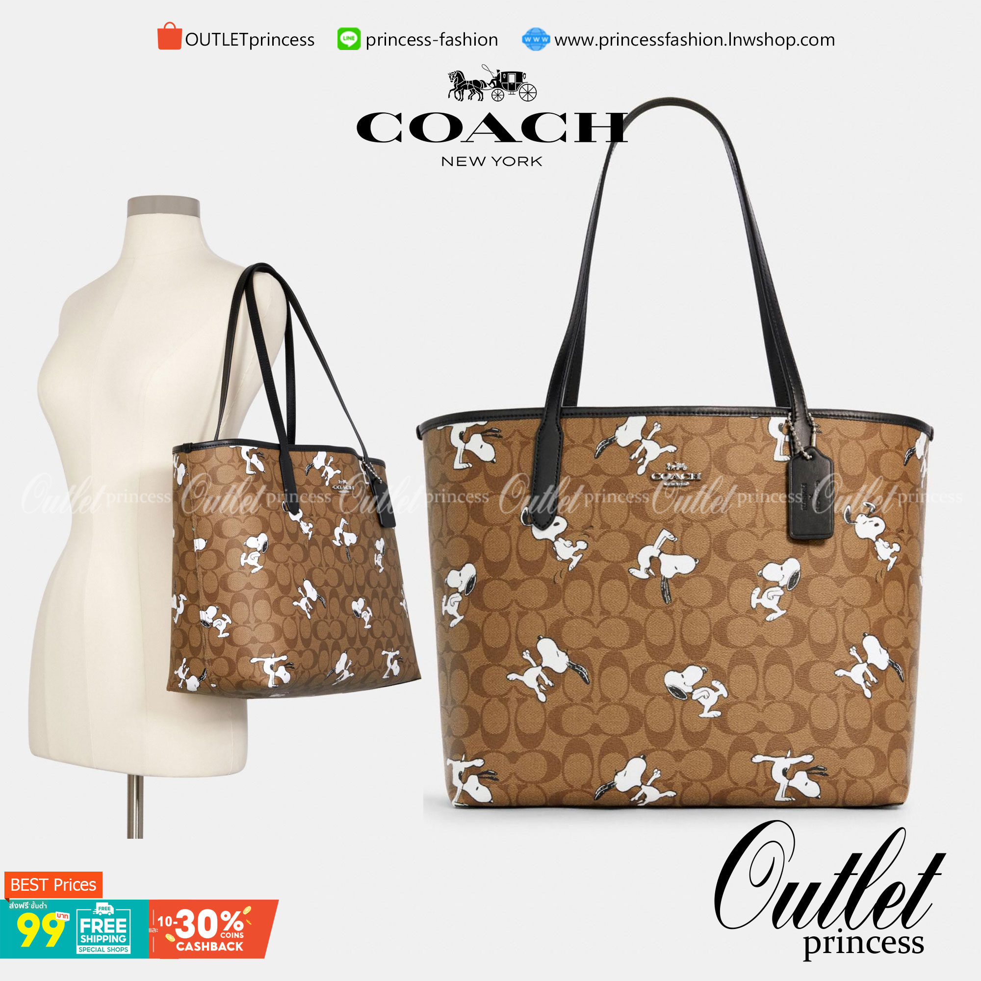 COACH FACTORY TOTE IN SIGNATURE LEATHER BAG X SNOOPY COLLECTION กระเป๋าสะพายคอลเลคชั่นสุดพิเศษจาก Coach Factory วัสดุ Signature refined calf leather หนังแท้ลายแบรนด์ คอลเลคชั่น Snoopy เทคเจอร์สวยอยู่ทรงดีไซน์ยอดนิยมด้านหน้ามีโลโก้ ภายในมีโลโก้กว้างและจุสุ