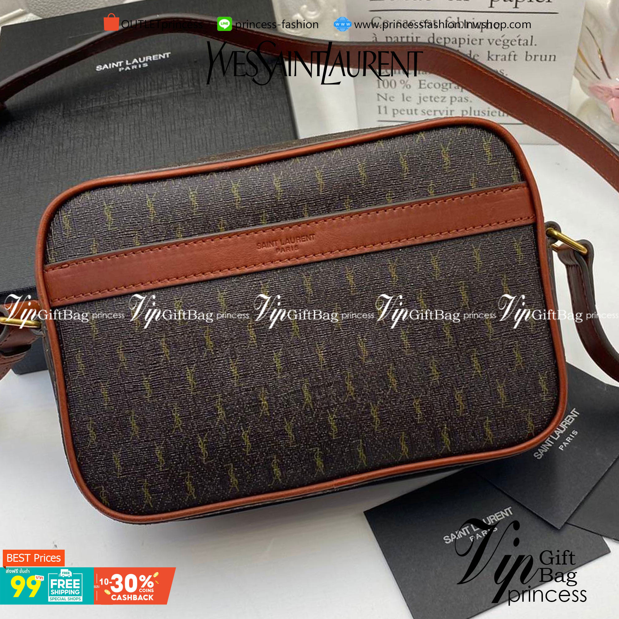 VIP 】หนังแท้ YSL SAINT LAURENT Leather-Trimmed Monogrammed Coated-Canvas Messenger Bag