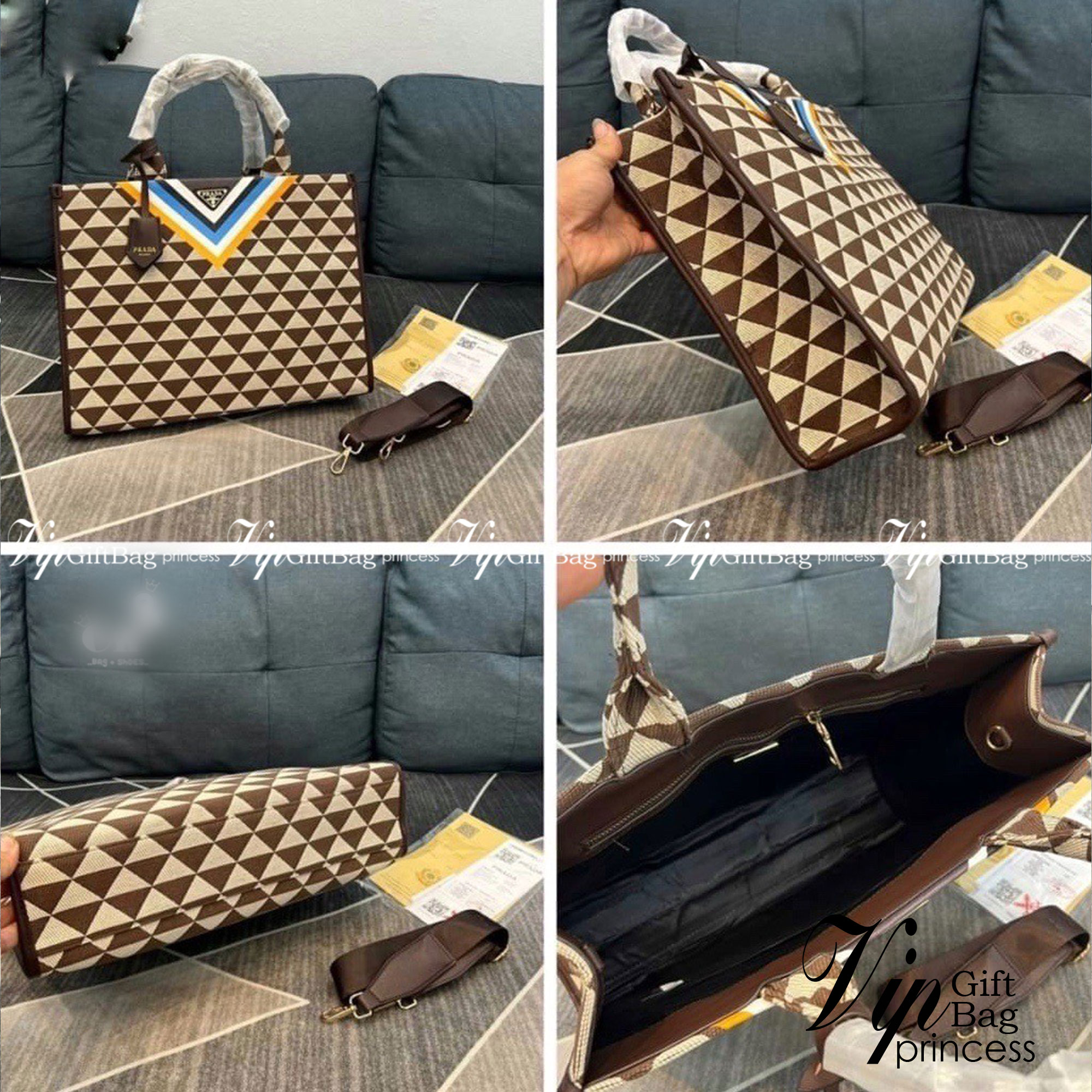 Prada Tote Bag / Prada Symbole jacquard fabric handbag กระเป๋าพราด้าทรงชอปปิ้ง หน้าติดอะไหล่โลโก้แบรนด์สีทอง มีให้เลือกใช้งาน 3 ขนาด งานชนชอปใช่งานง่าย สวยมงลงมากค่า แบบใหม่ล่าสุดจากแบรนด์ดัง จัดให้แบบเลิศๆ กับกระเป๋าทรงโท้ท สวยเอกลักษณ์ ภายในโล่งกว้างมาก