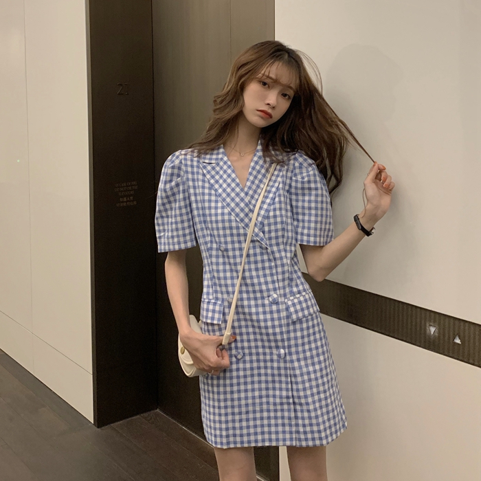 พร้อมส่ง 🧤 Sky scott dress เดรสลายสก็อตสีฟ้า ผ้าเนื้อนิ่มใส่สบาย (IN34884)