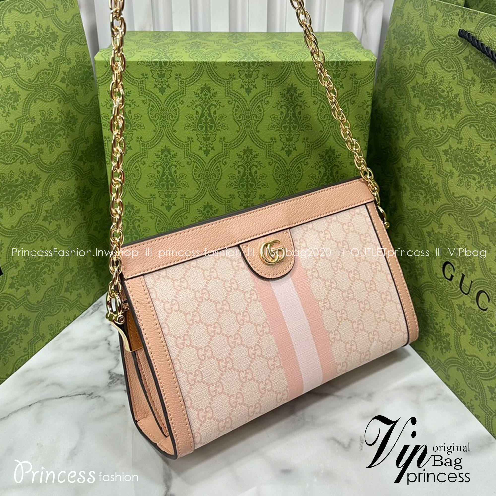 GUCCI Ophidia GG small shoulder bag Supreme Love Parade กระเป๋าสะพายทรงพอช สีใหม่พาสเทลสวหวานพร้อมสายโซ่สีทองหรูหรา
