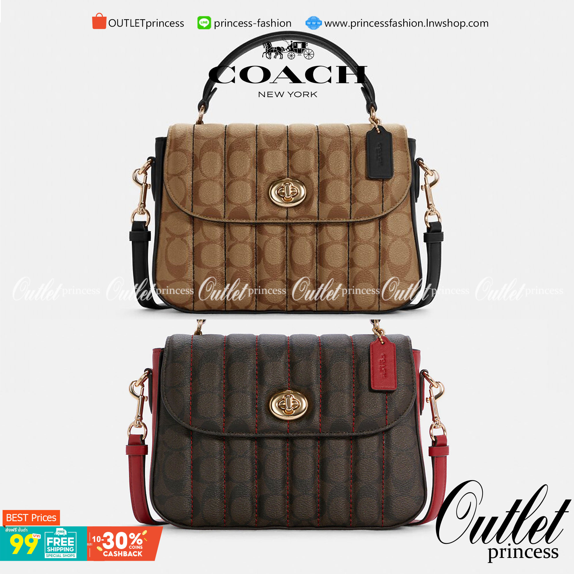 OUTLET 】COACH C5645 MARLIE TOP HANDLE SATCHEL IN SIGNATURE CANVAS WITH QUILTING ดีไซน์ใหม่ กระเป๋าถือ/สะพายข้าง ออกแบบมาไม่เหมือนใคร โดดเด่นด้วยการเย็บบุหนัง โชว์ดีเทลลายเส้น ตกแต่งโลโก้ด้านข้างอะไหล่ทอง วัสดุหนังแคนวาสสลับหนังแท้ เปิด-ปิดด้วยตัวล็อคแน่นห