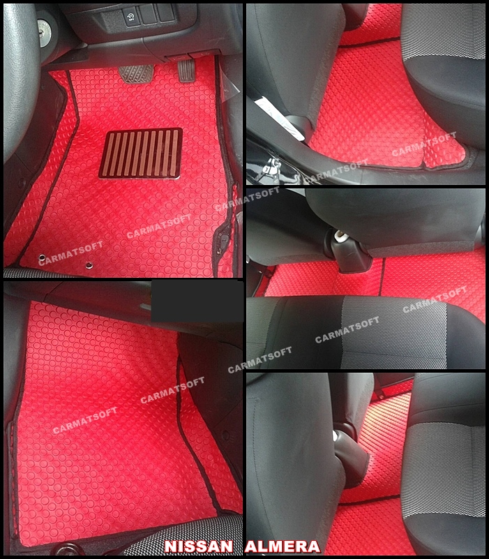 ยางปูพื้นรถยนต์ ALMERA 2012-2018 พรมลายกระดุม สีแดงขอบดำ 12 ชิ้น เต็มคัน
