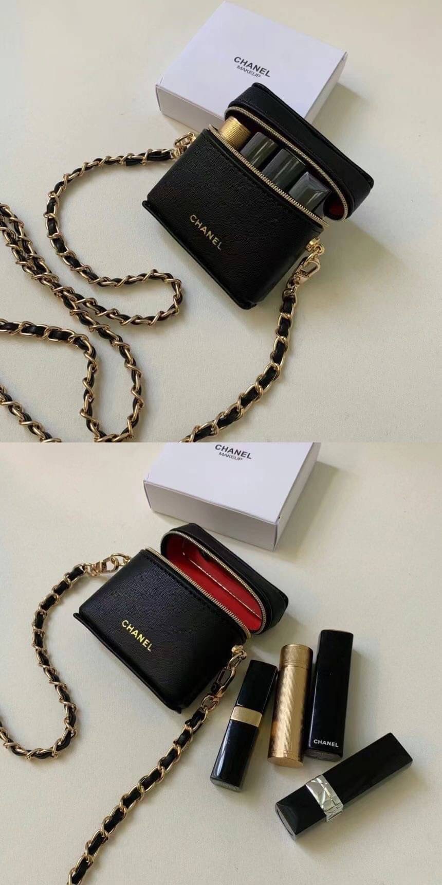 กระเป๋าสะพายข้างใบจิ๋ว งานปุ้กปิ้กน่ารัก CHANEL VIP BAG แบรนด์ดัง ตัวกระเป๋าหนังนิ่ม อยู่ทรง เปิดปิดด้วยซิปรอบ ด้านหน้าสกรีนโลโก้แบรนด์สีทอง