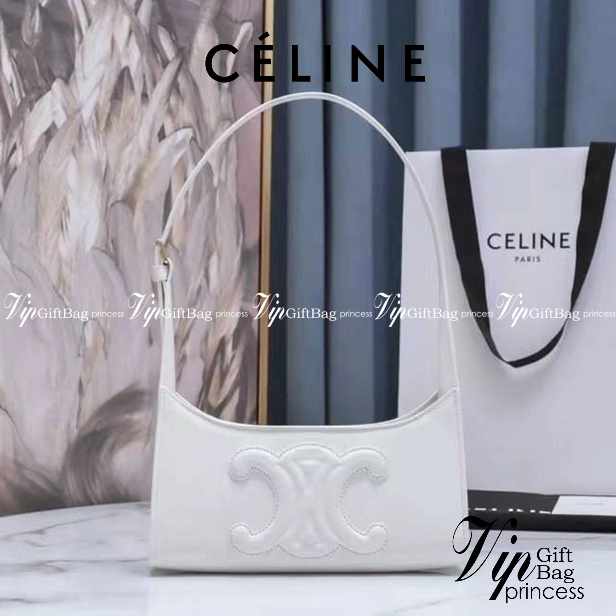 หนังแท้ CELINE SHOULDER BAG CUIR TRIOMPHE IN SMOOTH CALFSKIN ภาพสินค้าถ่ายจากงานขายจริง ใช้งานต่างประเทศได้