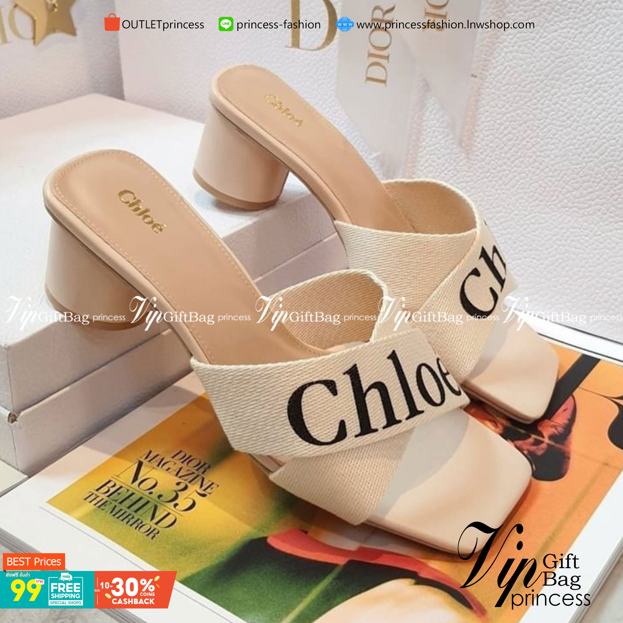 Chloe' รองเท้า งานสวม ไค้วครอสเอ็กซ์ วัสดุสายคาดผ้าแคนวาสตีแบรนด์ ตัวหุ่มหนังPU ส้นทรงกระบอกทรงกลม แมทส์ชุดง่าย ใส่สบาย