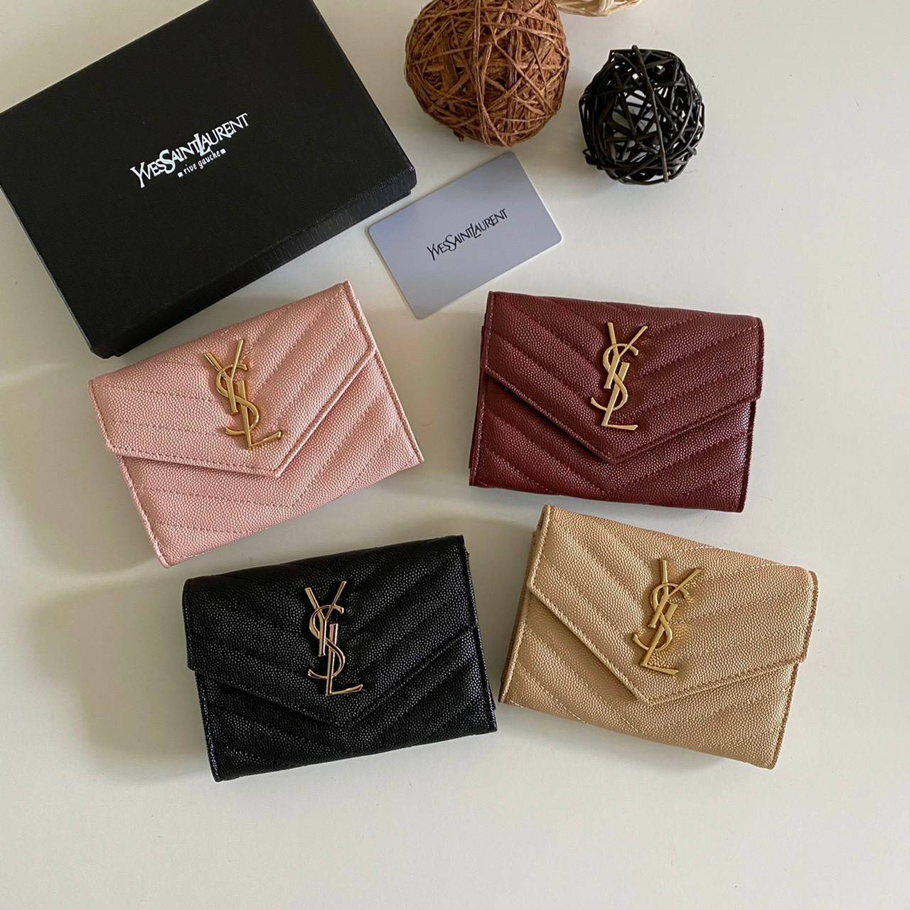 หนังแท้ 12cm YSL SAINT LAURENT GARD HOLDER Small Envelope Monogram Wallet