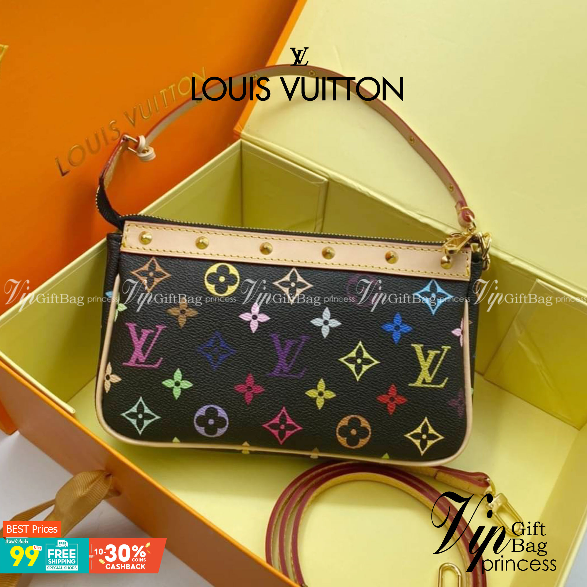 หนังแท้ LOUIS VUITTON POCHETTE TAKASHI MURAKAMI X LOUIS VUITTON WHITE MONOGRAM MULTICOLORE น้องน่ารักน่าใช้มากๆ กระเป๋าหิ้ว//คล้องไหล่//สะพายข้าง//หรือถือแบบคลัท ชิลๆได้เลยค่า หนังแกะแท้นิ่มสวย เปิดปิดกระเป๋าแบบซิป ภายในสามารถใส่กระเป๋าเงินใบกลางได้; มือถ
