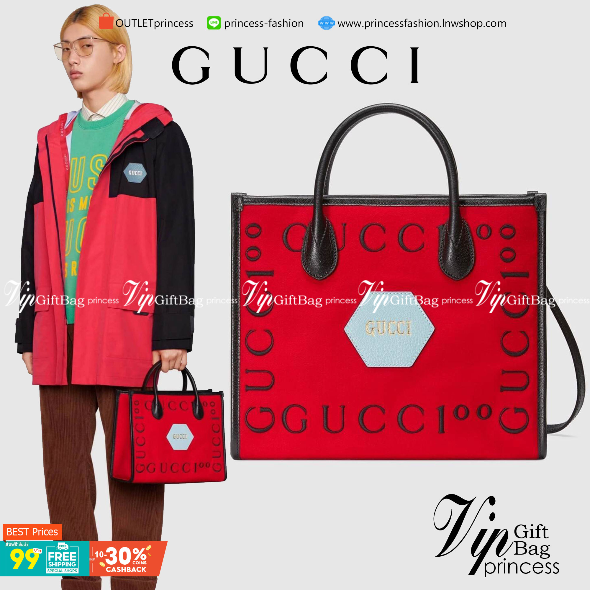 VIP 】Gucci 100 small tote bag Hibiscus red felt with Gucc100 print Black leather พร้อมส่งที่ไทย