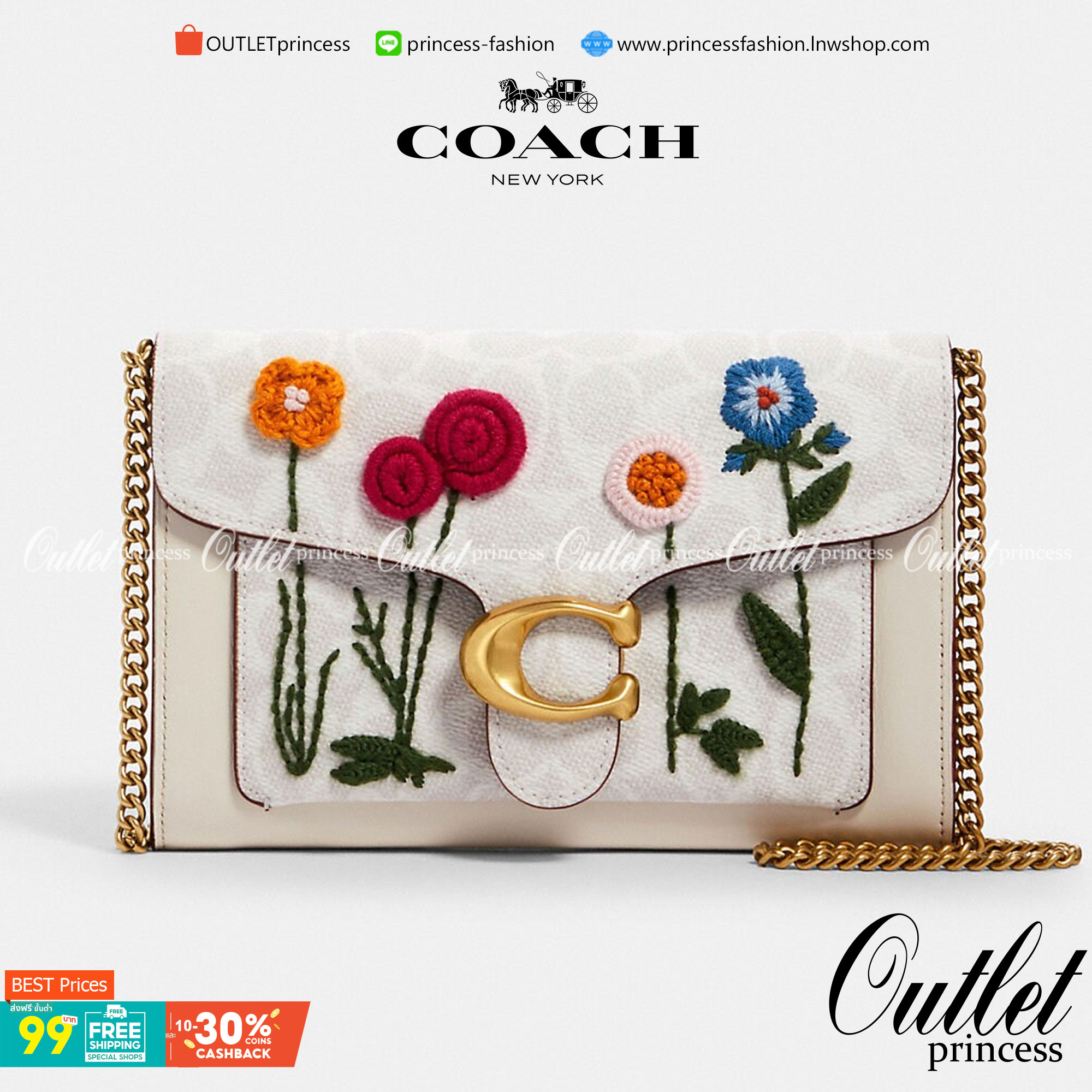 COACH Tabby Chain Clutch In Signature Canvas With Floral Embroidery C806 กระเป๋าสะพายข้าง หรือถือแบบคลัทเก๋ๆออกงานได้เลยค่ะ วัสดุหนังแท้ หนังนิ่มมือ บอกเลยต้องหลงรักแน่ๆค่ะ💕 คอลเลคชั่นปังๆ มาพร้อมเสิร์ฟจ้า ดีไซน์ปักลายดอกไม้ สีสันสดใส เปิดปิดกระเป