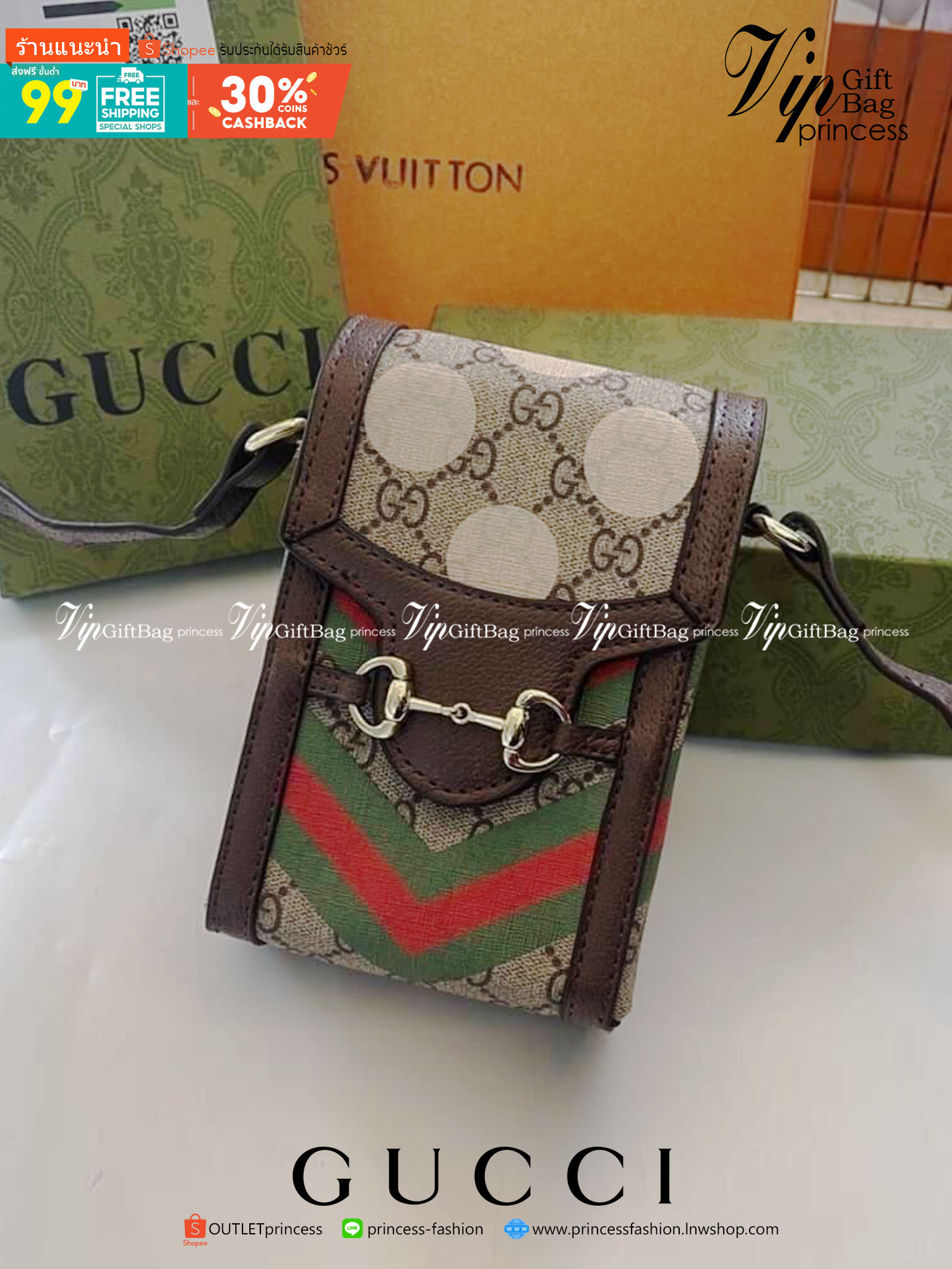 VIP 】GG CANVAS AND LEATHER CROSS-BODY PHONE BAG พร้อมส่งที่ไทย Brown canvas Brown Ophidia GG Supreme mini bag from GUCCI featuring an adjustable shoulder strap, a foldover top, a GG Supreme pattern, a Web stripe to the front and a gold-tone Double G plaqu