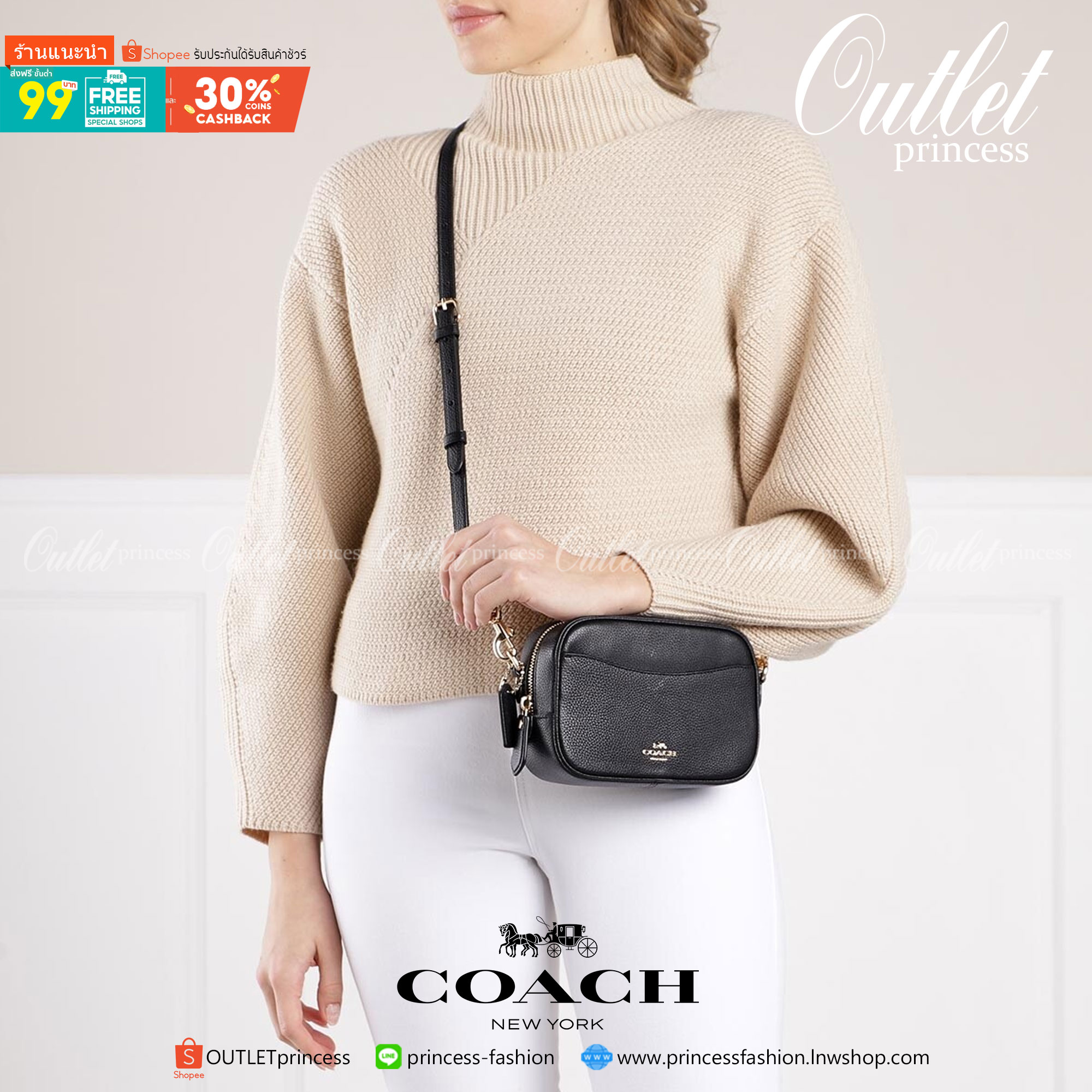 ของแท้ 💯% Coach CAMERA BAG 16 GD/BLACK size mini Polished pebble leather| Inside zip and multifunction pockets| Zip closure, fabric lining| Outside open pocket| Detachable strap